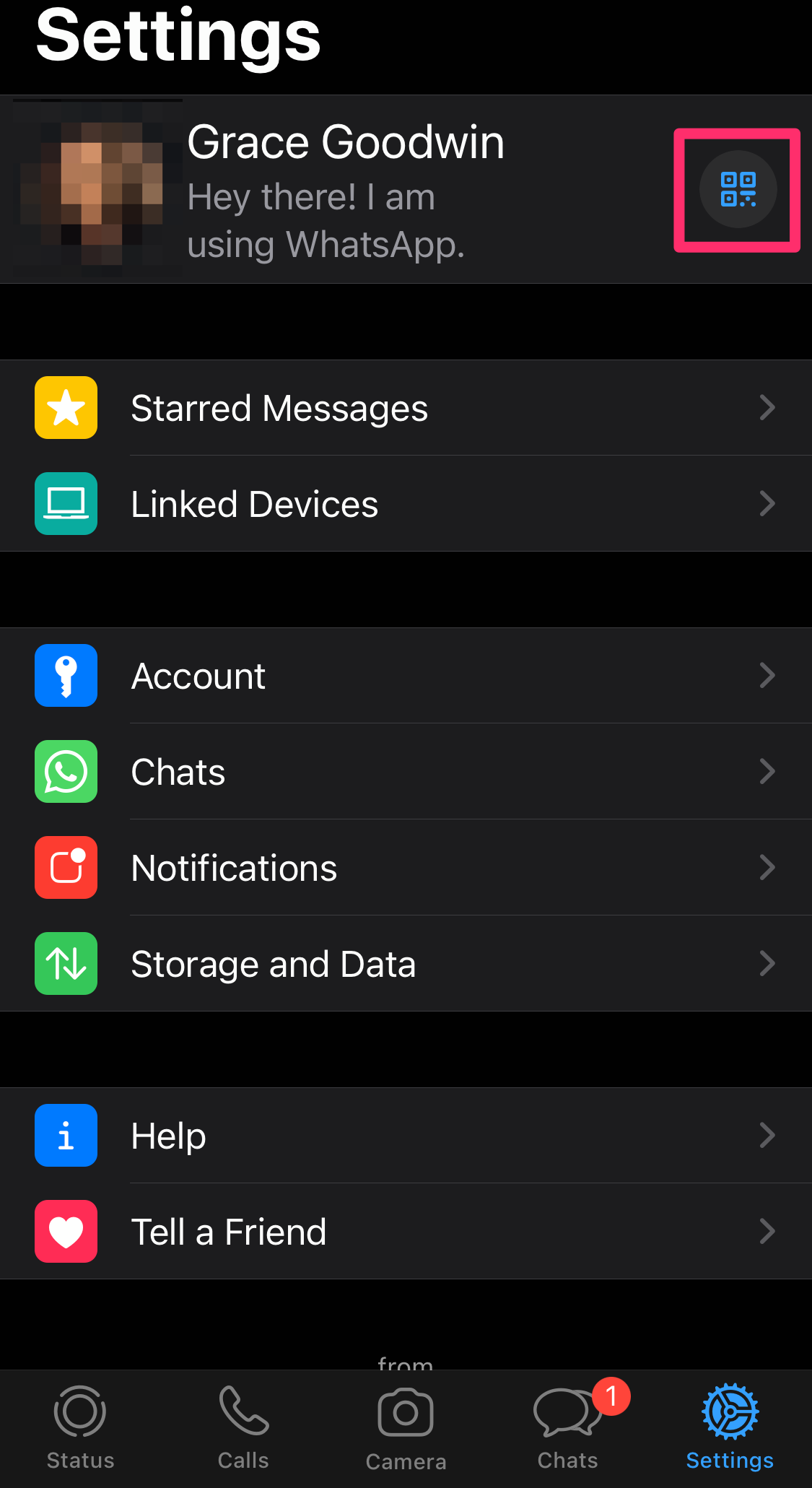 Screenshot of QR code option in WhatsApp Settings