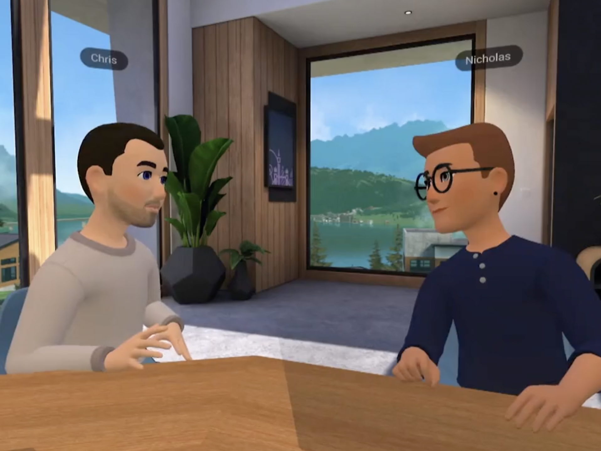 A cartoonish depiction of Chris Cox (left) and Nich Carlson (right) chatting in the metaverse.