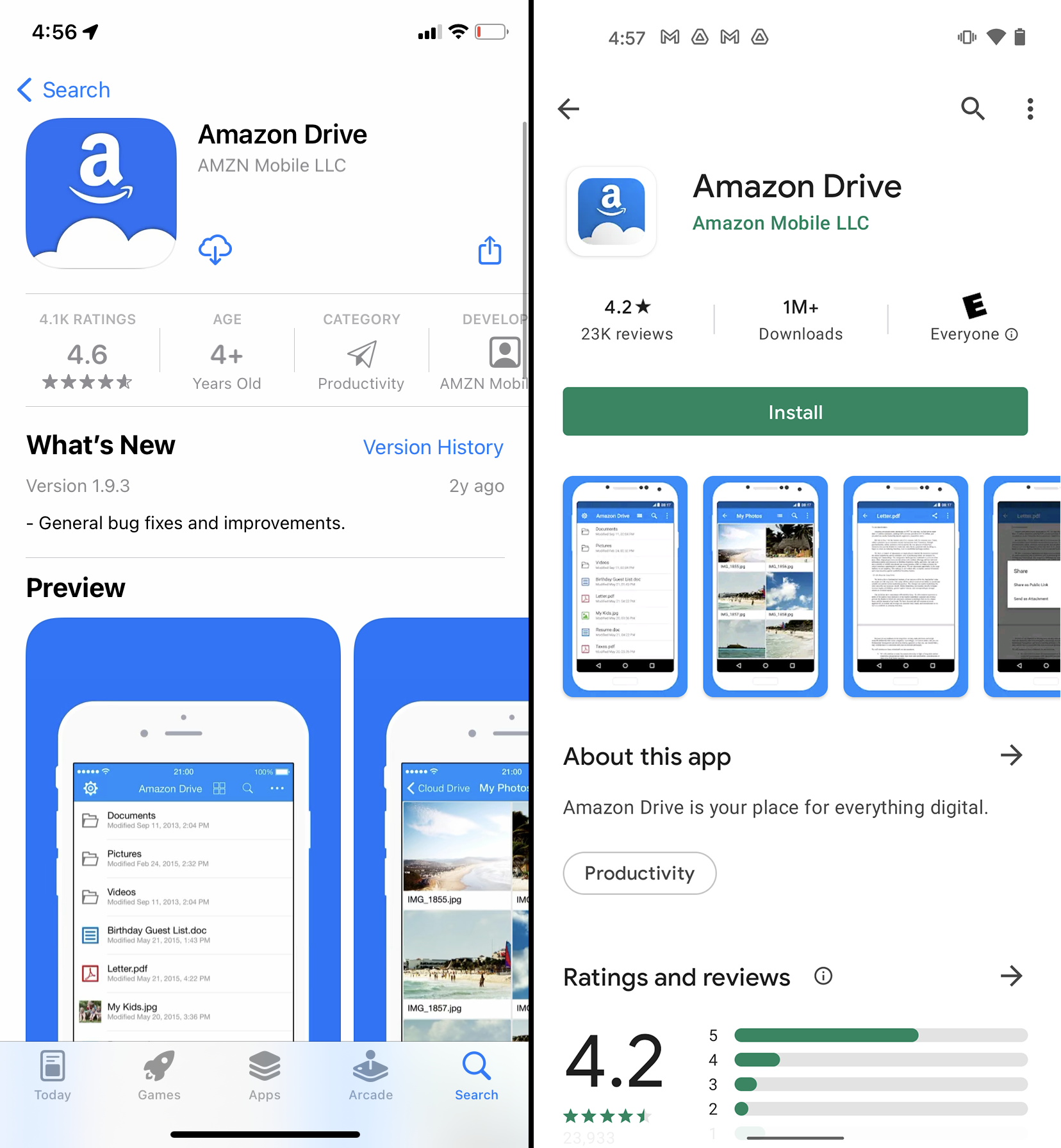 The App Store and Google Play Store pages for the Amazon Drive app.