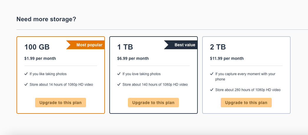 The standard storage options for Amazon Drive.