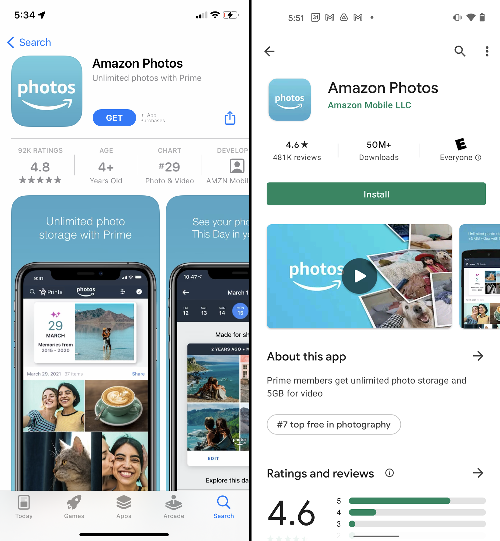 The App Store and Google Play Store pages for the Amazon Photos app.