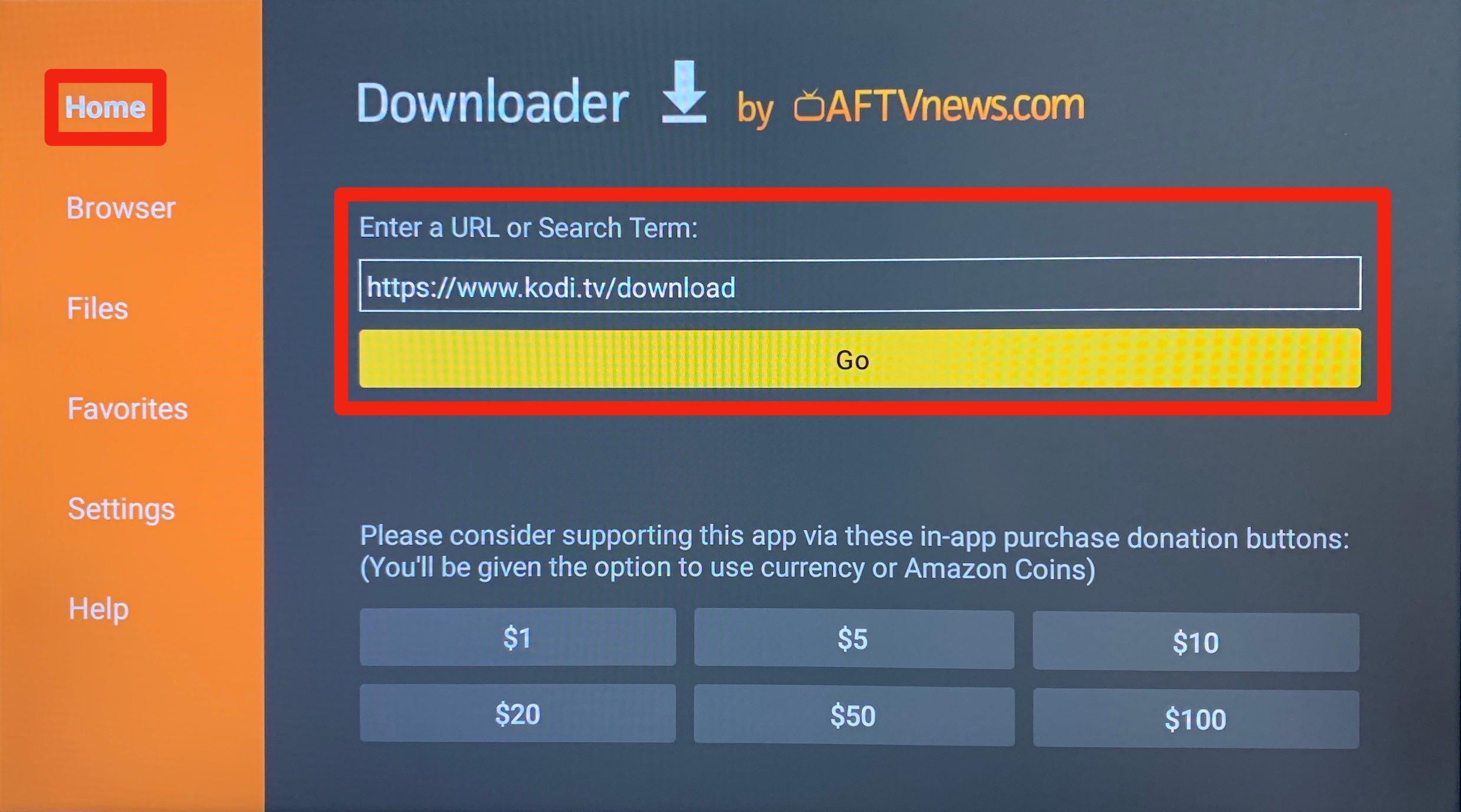 The Downloader app on a Firestick, with the Kodi website entered into the search bar.