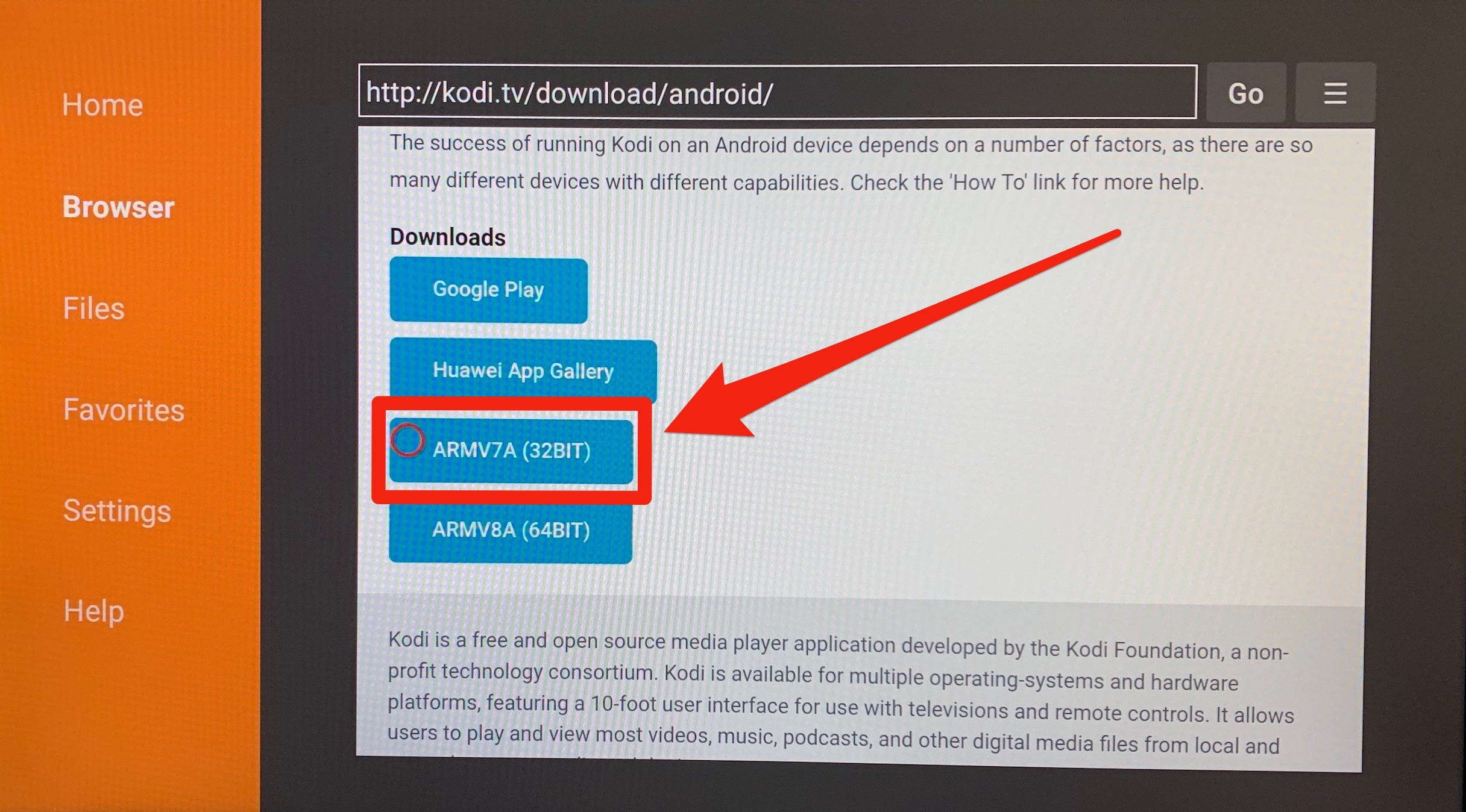 The page on the Kodi website that lets you pick which version of the Android app to download.