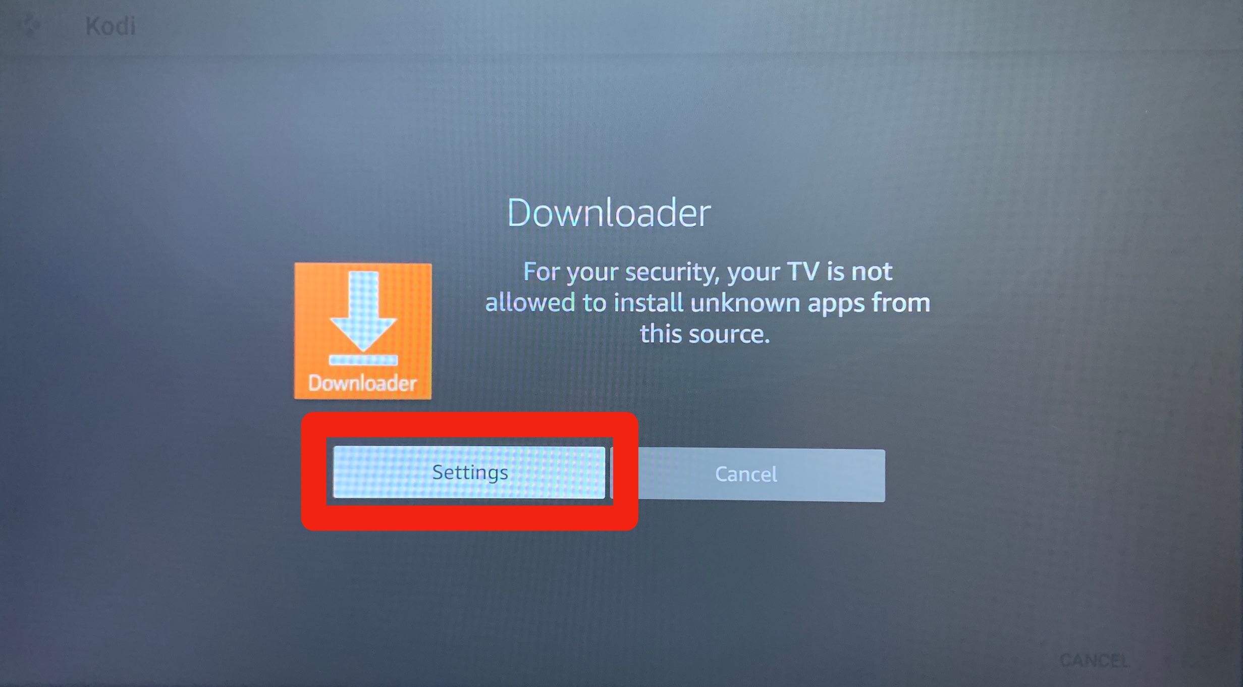 A menu warning the user that they're not allowed to download unknown apps. The Settings option is highlighted.
