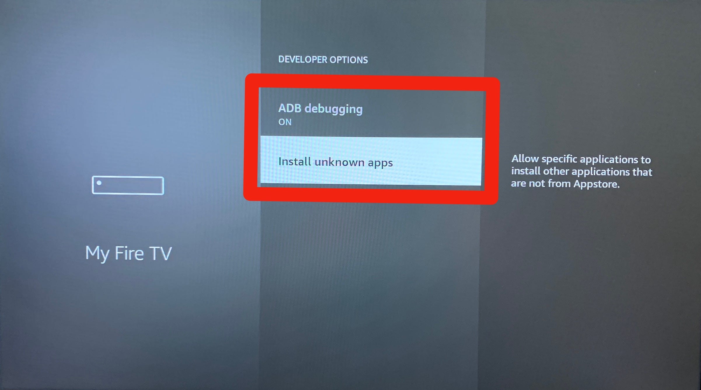 The Settings page on a Firestick that lets you install "unknown apps."