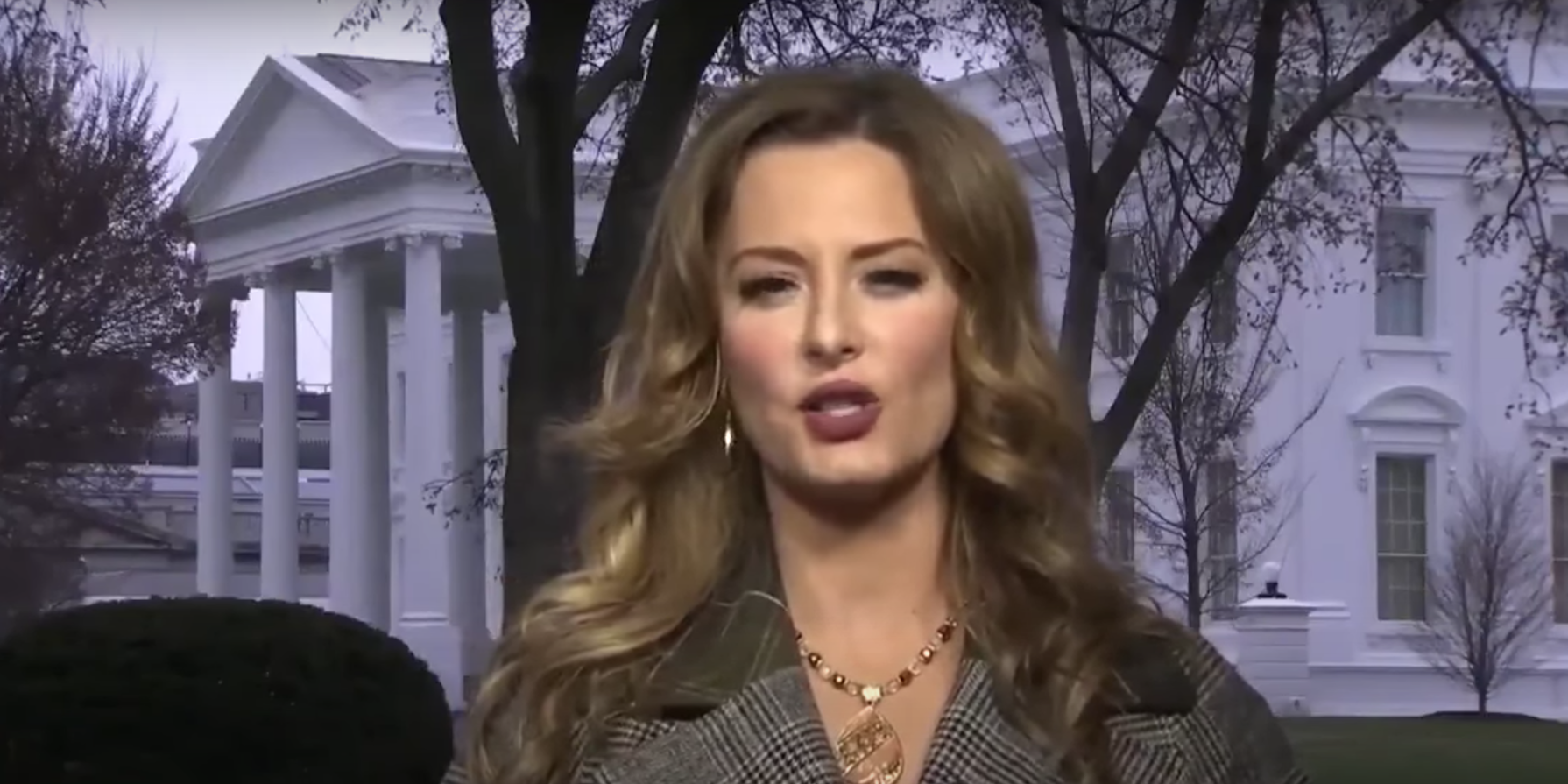 A screenshot showing a head-and-shoulders view of Newsmax reporter Emerald Robinson outside the White House.