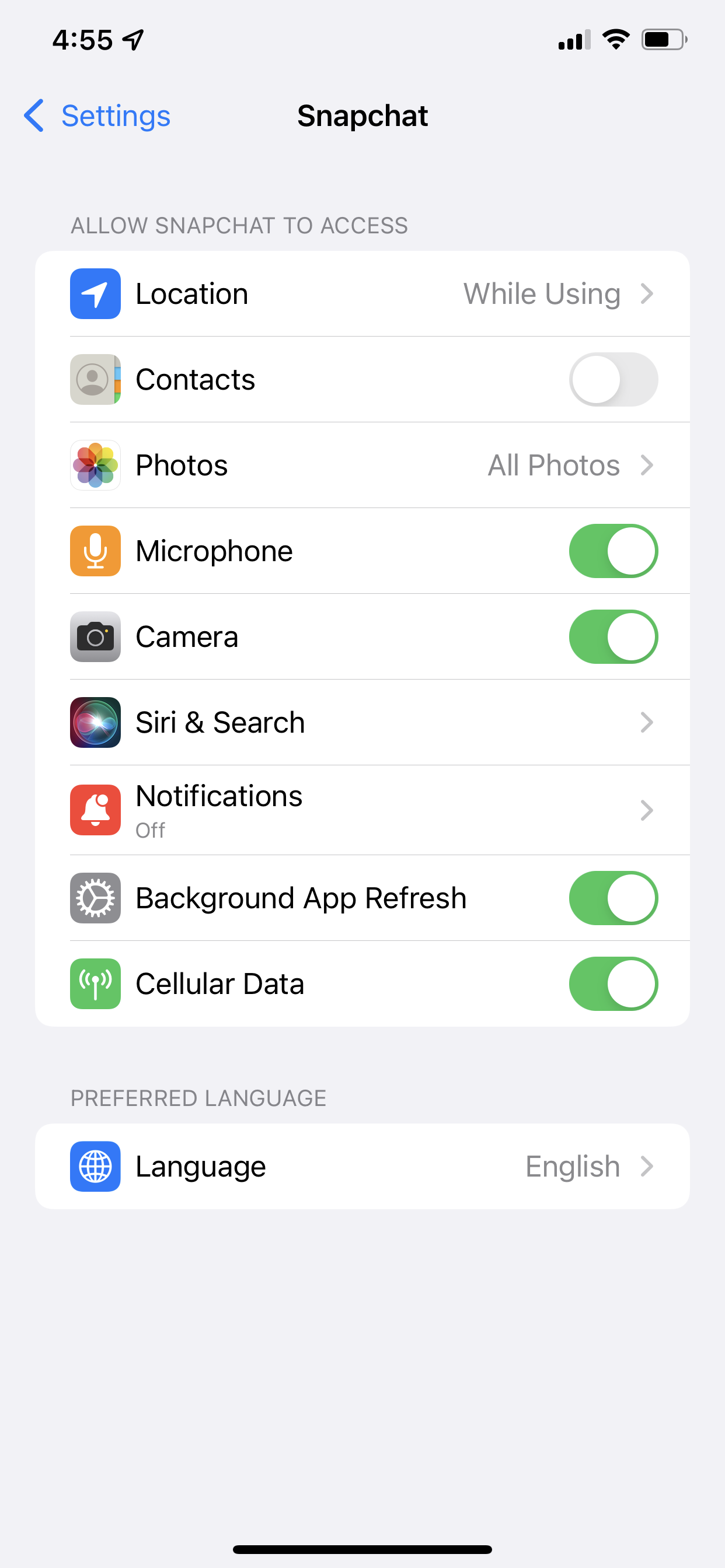 snapchat settings page on ios