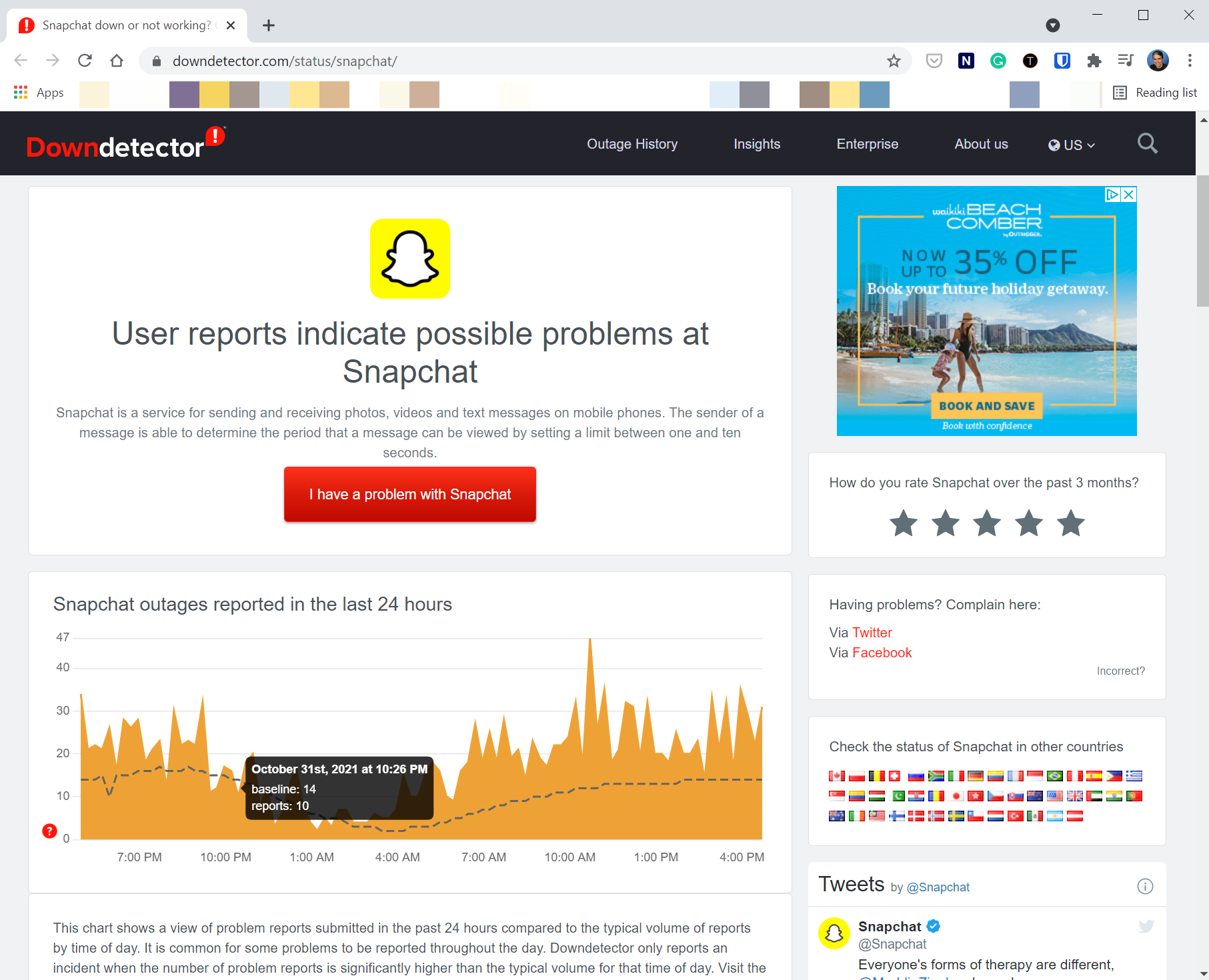 Snapchat DownDetector page in Chrome.
