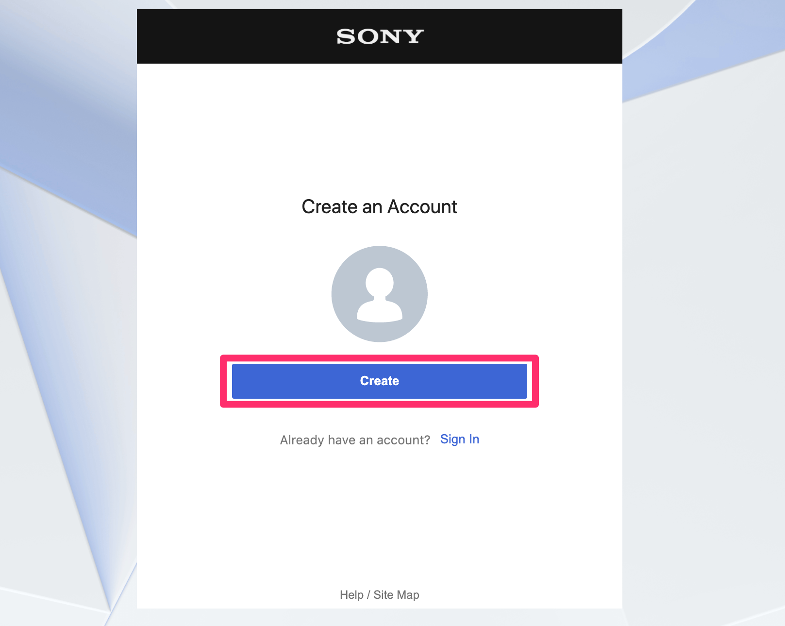 Screenshot of Sony's Create a New Account Page