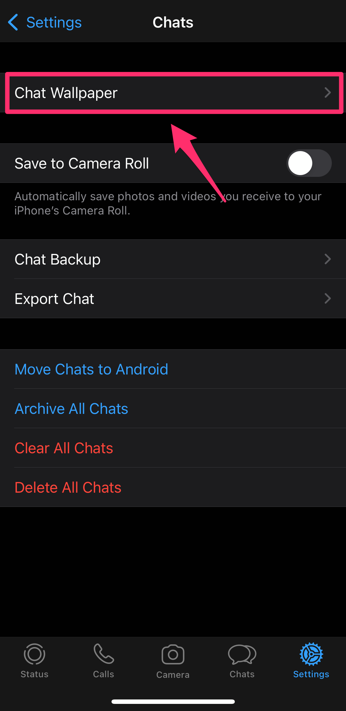 Screenshot of the Chat Settings section of WhatsApp with Chat Wallpaper highlighted