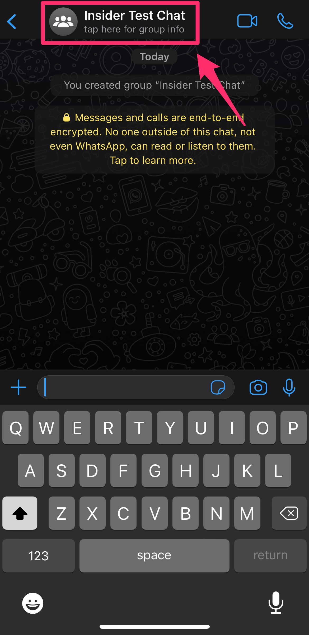 Screenshot of a WhatsApp chat with the group name highlighted