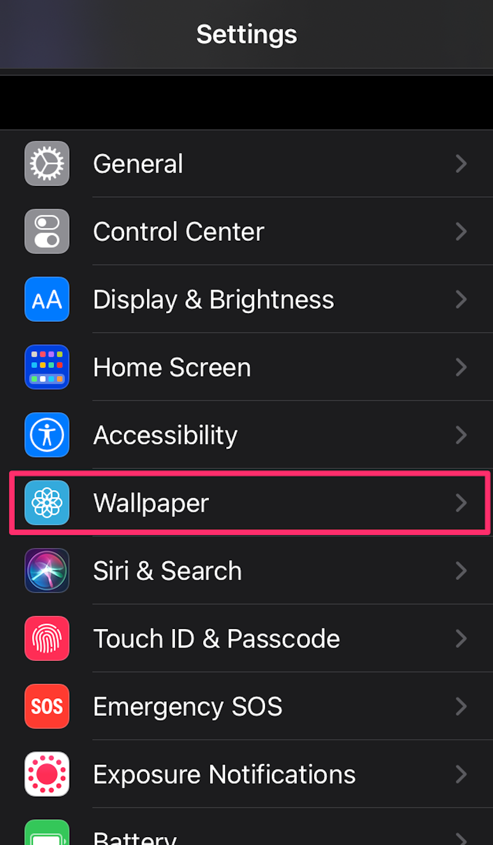 Screenshot of the settings app on an iPhone