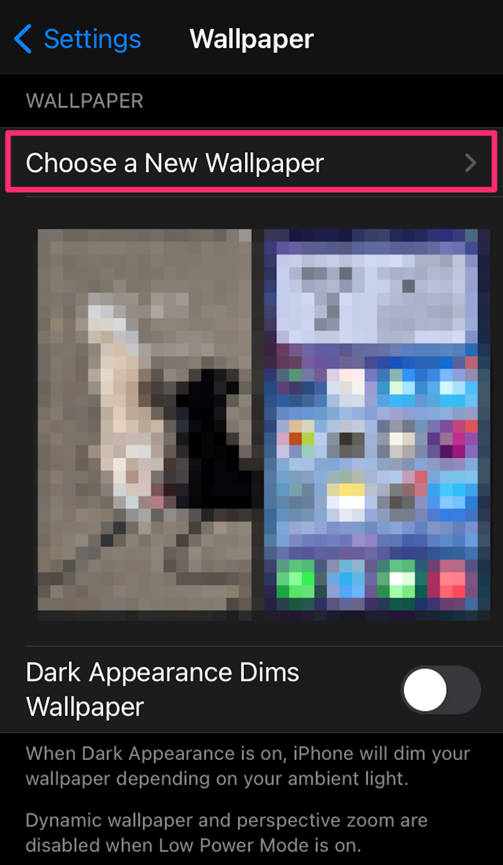 Screenshot of the wallpaper section of the settings app on an iPhone