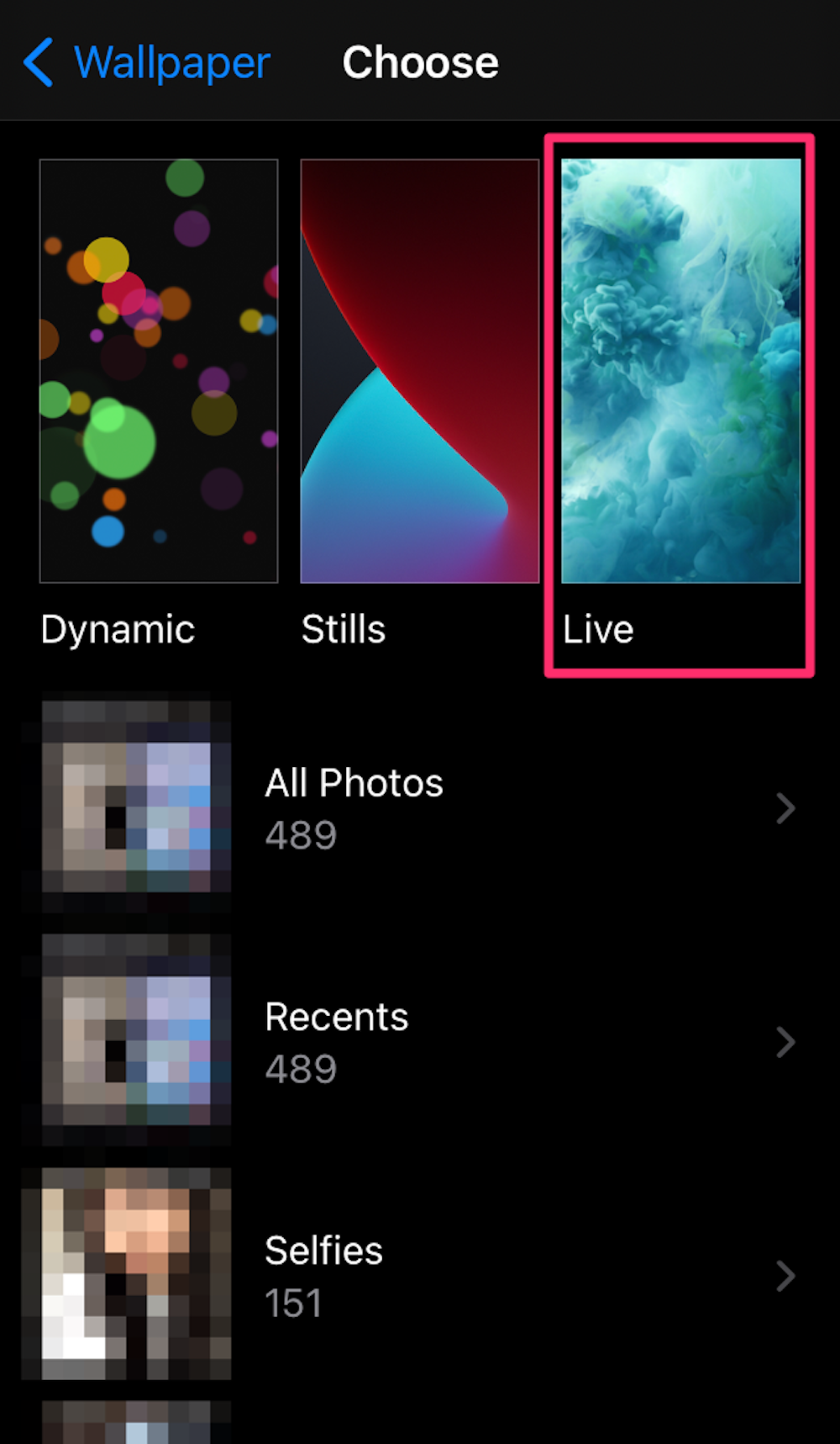 Screenshot showing one way to choose a live photo to use as your wallpaper