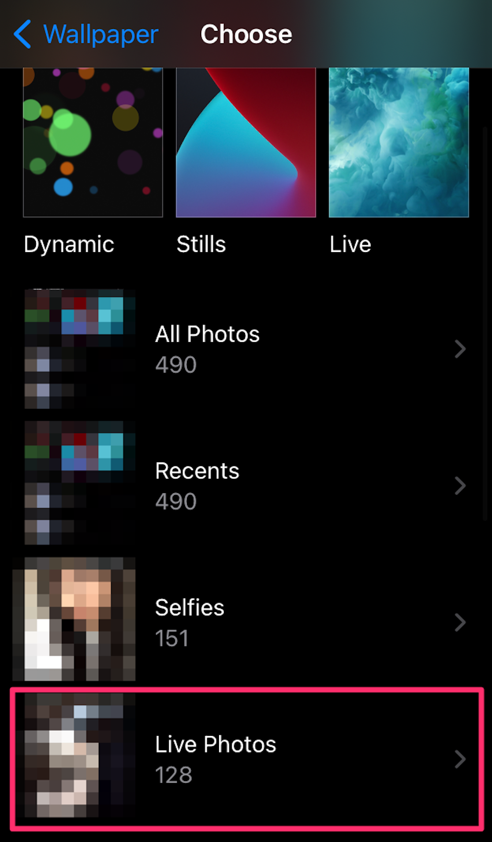 Screenshot showing a way to choose a live photo to use as your wallpaper