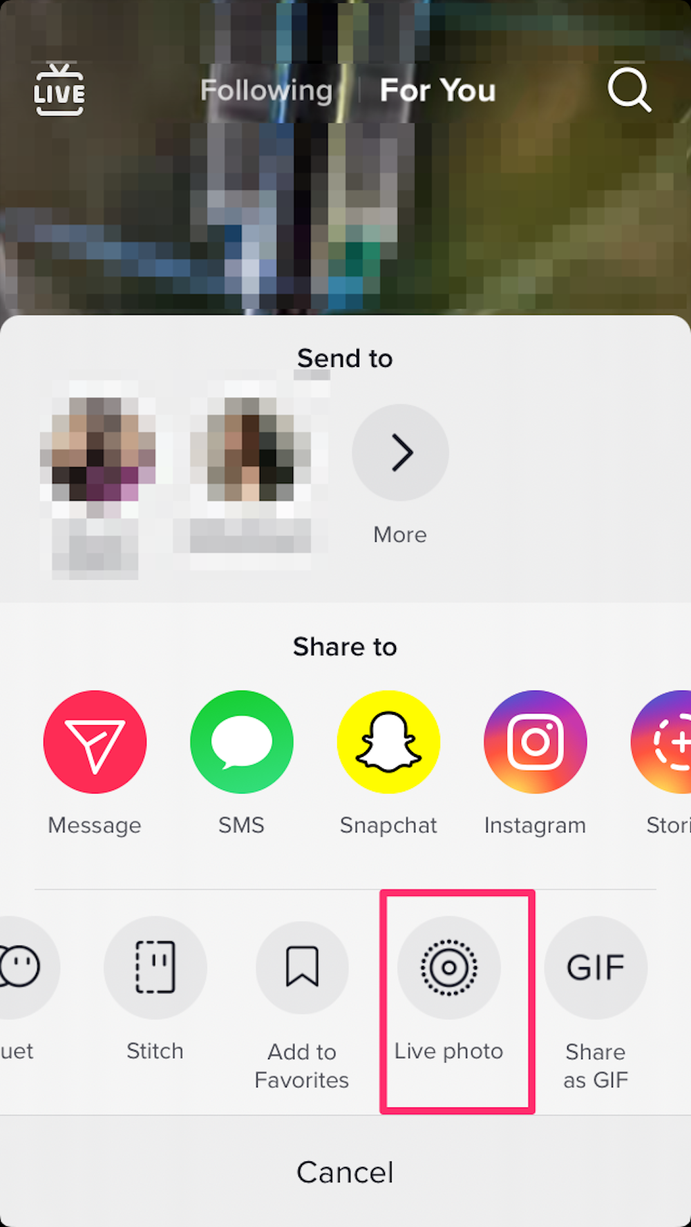 Screenshot showing how to select the live photo option when sharing a TikTok