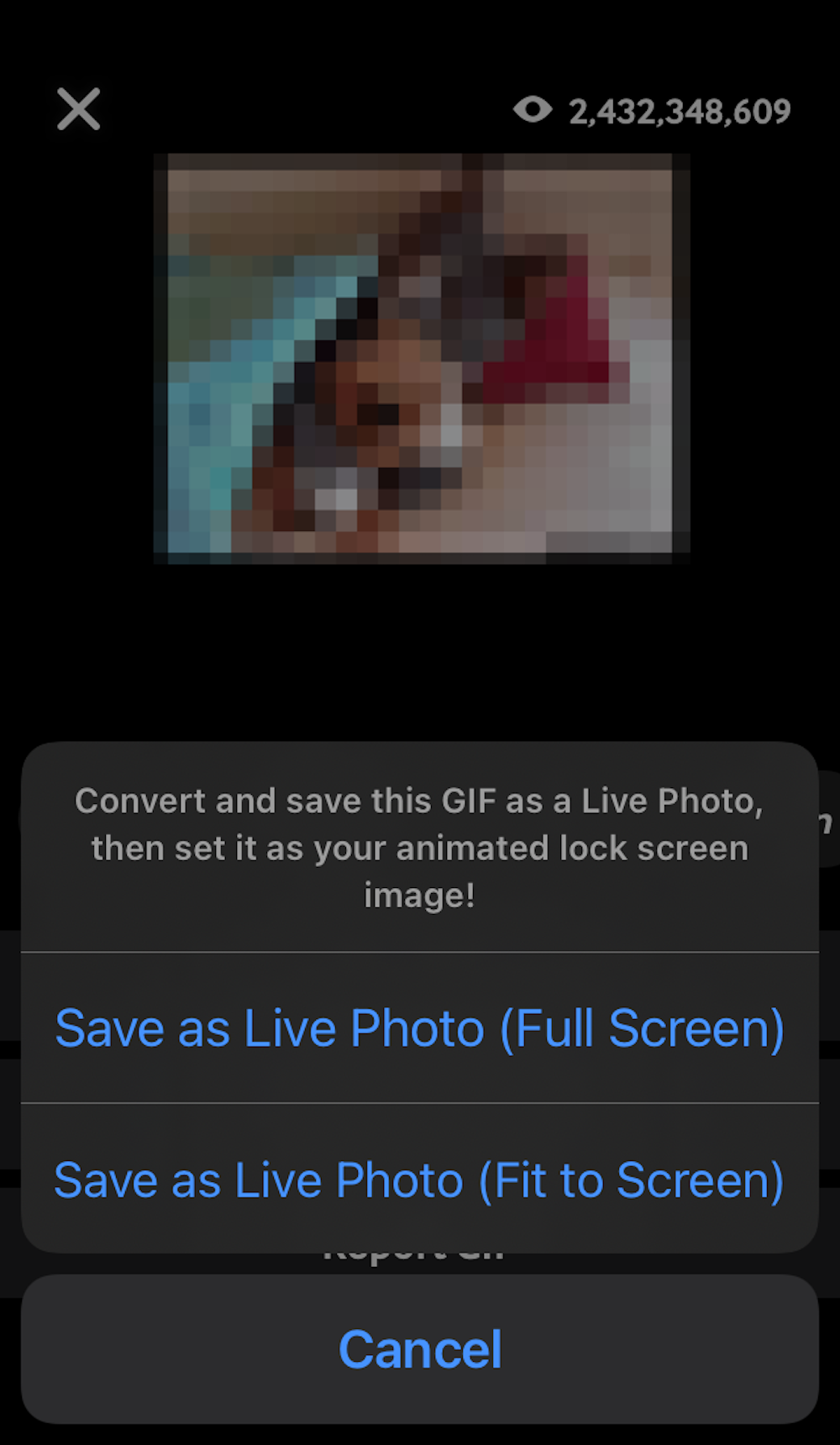 Screenshot of the options that appear when you save a GIF on GIPHY as a live photo