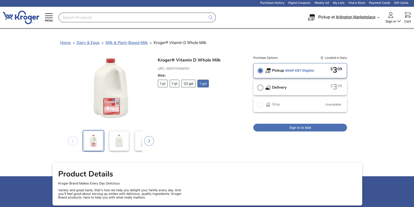 A screenshot showing the current price of a gallon of whole milk