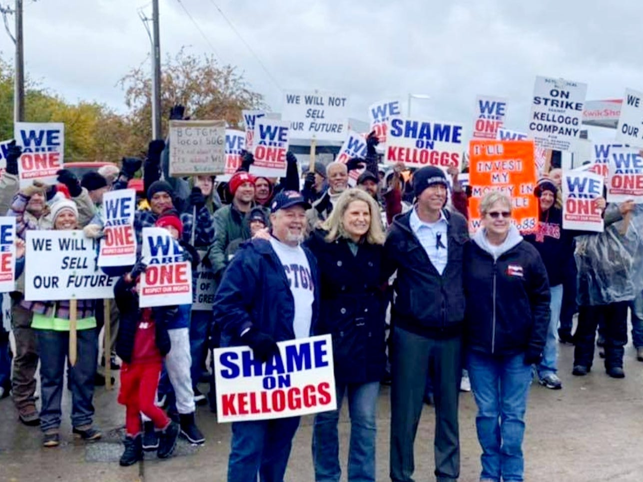 union activists striking with Kellogg's workers