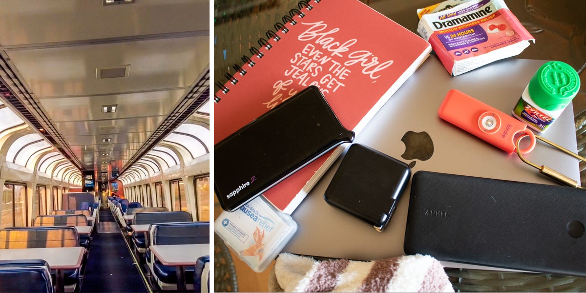 On the left, the interior of the observation car, with large windows and blue seats. On the right, Several things this writer packed, like a laptop, medicine, socks, and a travel journal, on a brown table