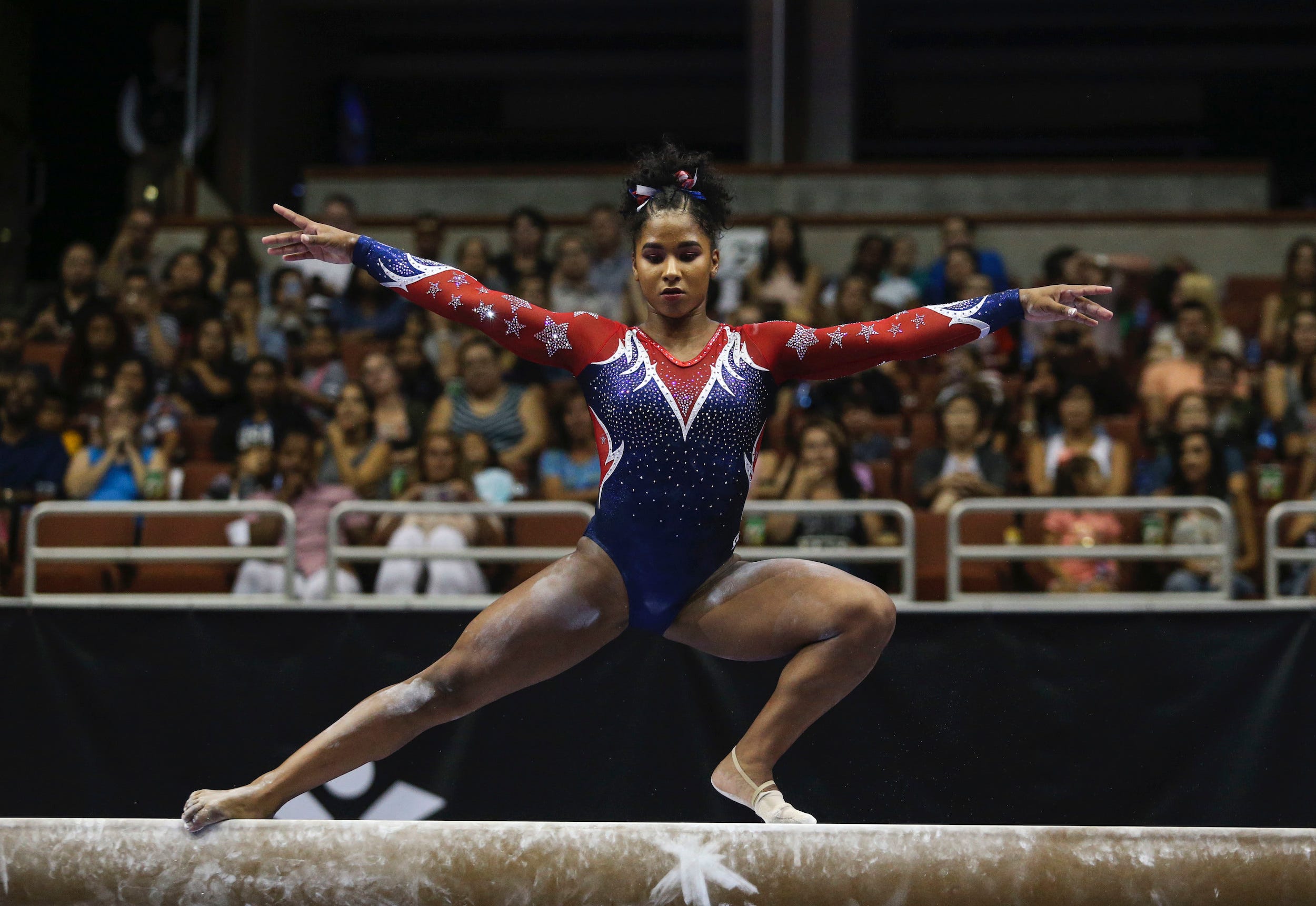 Jordan Chiles competes on the balance beam during senior women's opening round of the 2017 US gymnastics championships.