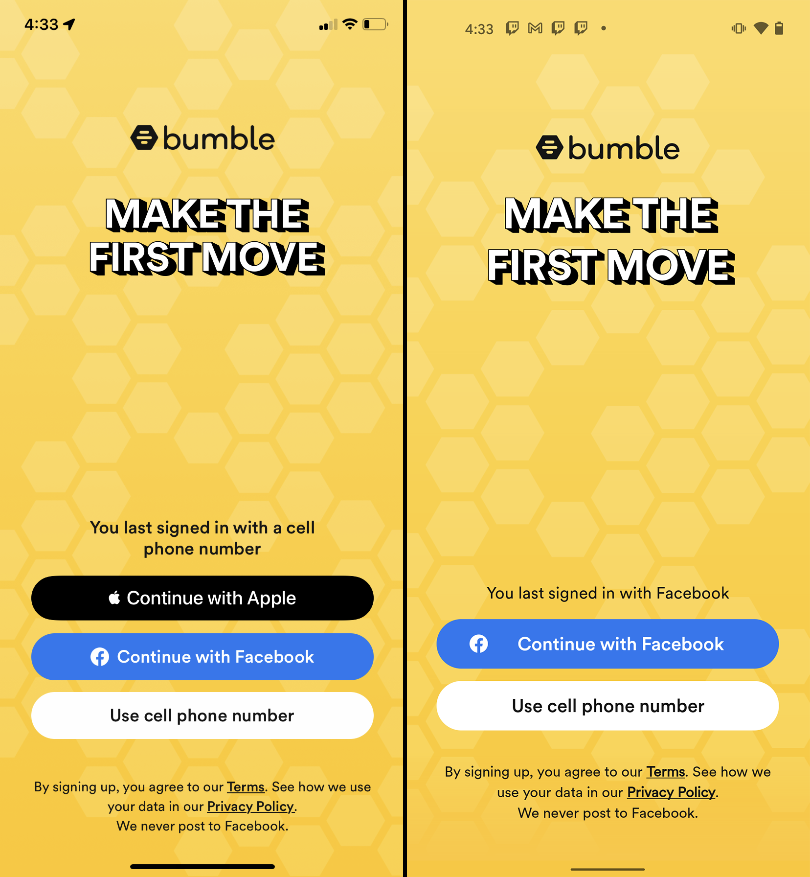 The iPhone (left) and Android (right) login pages for Bumble.