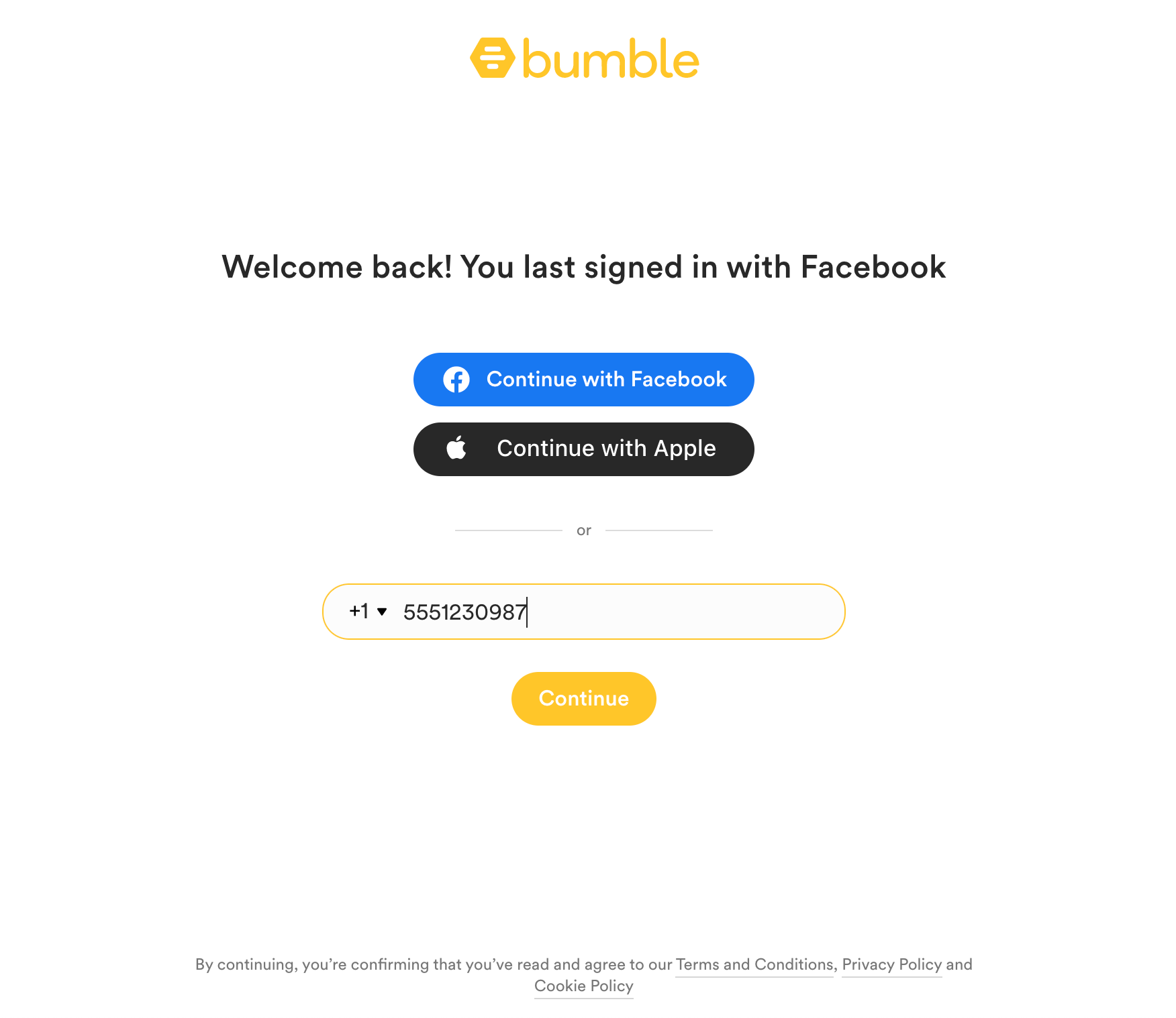 The login page on Bumble's website.