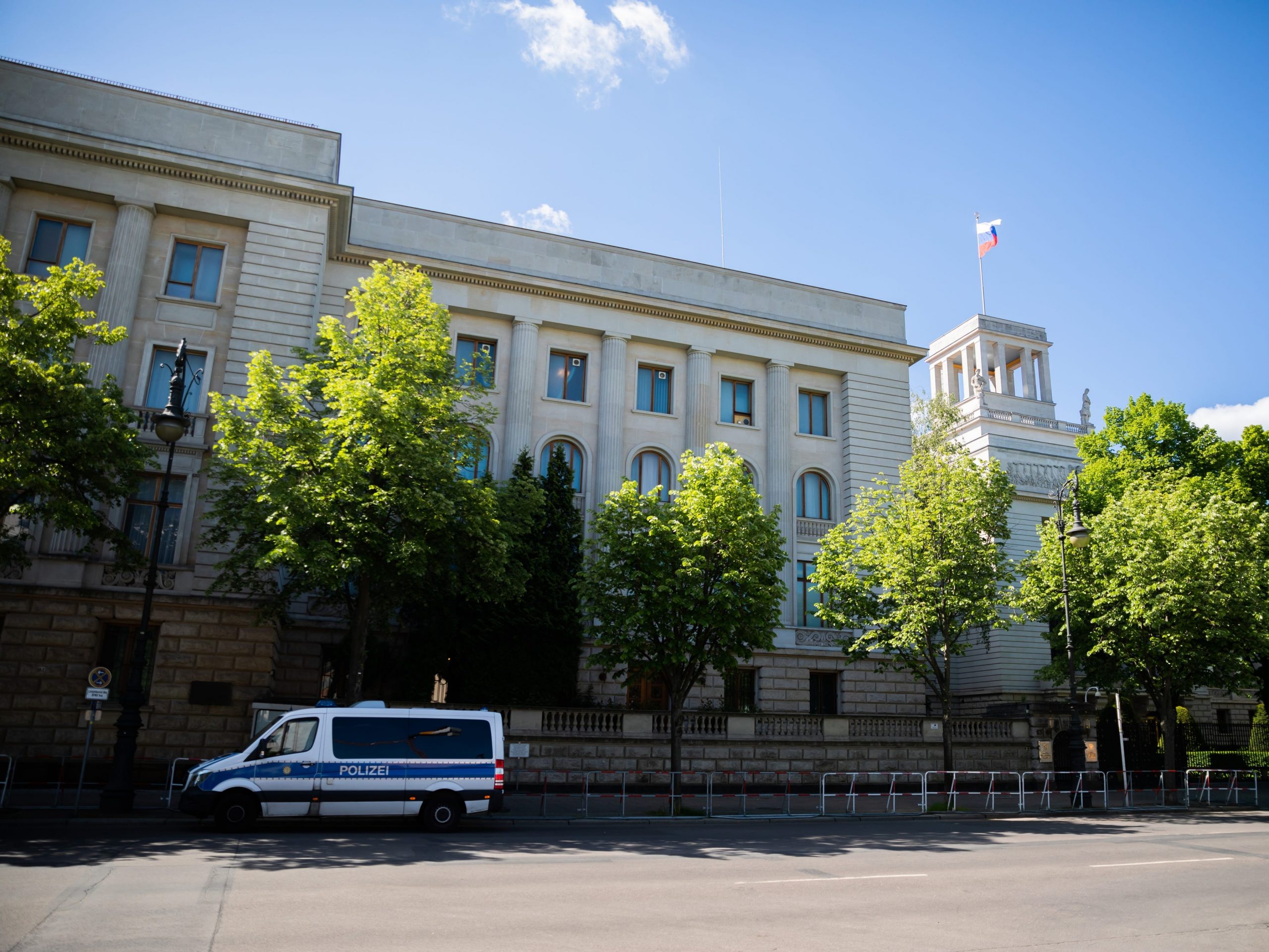 A police vehicle is parked in front of the Embassy of the Russian Federation on May 24, 2021.