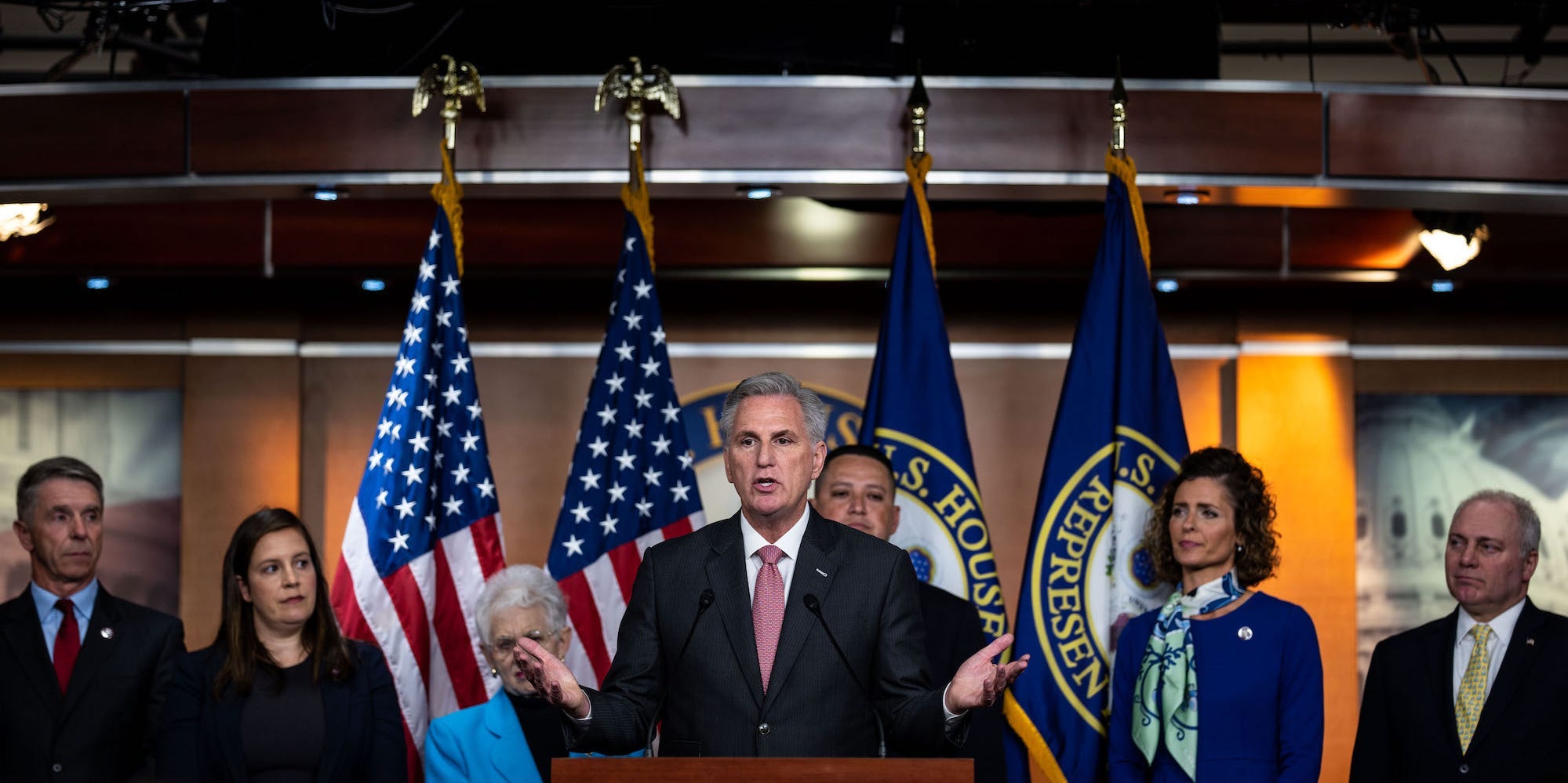 House Minority Leader Kevin McCarthy speaks during a news conference on November 3, 2021 at the US Capitol in Washington, DC.