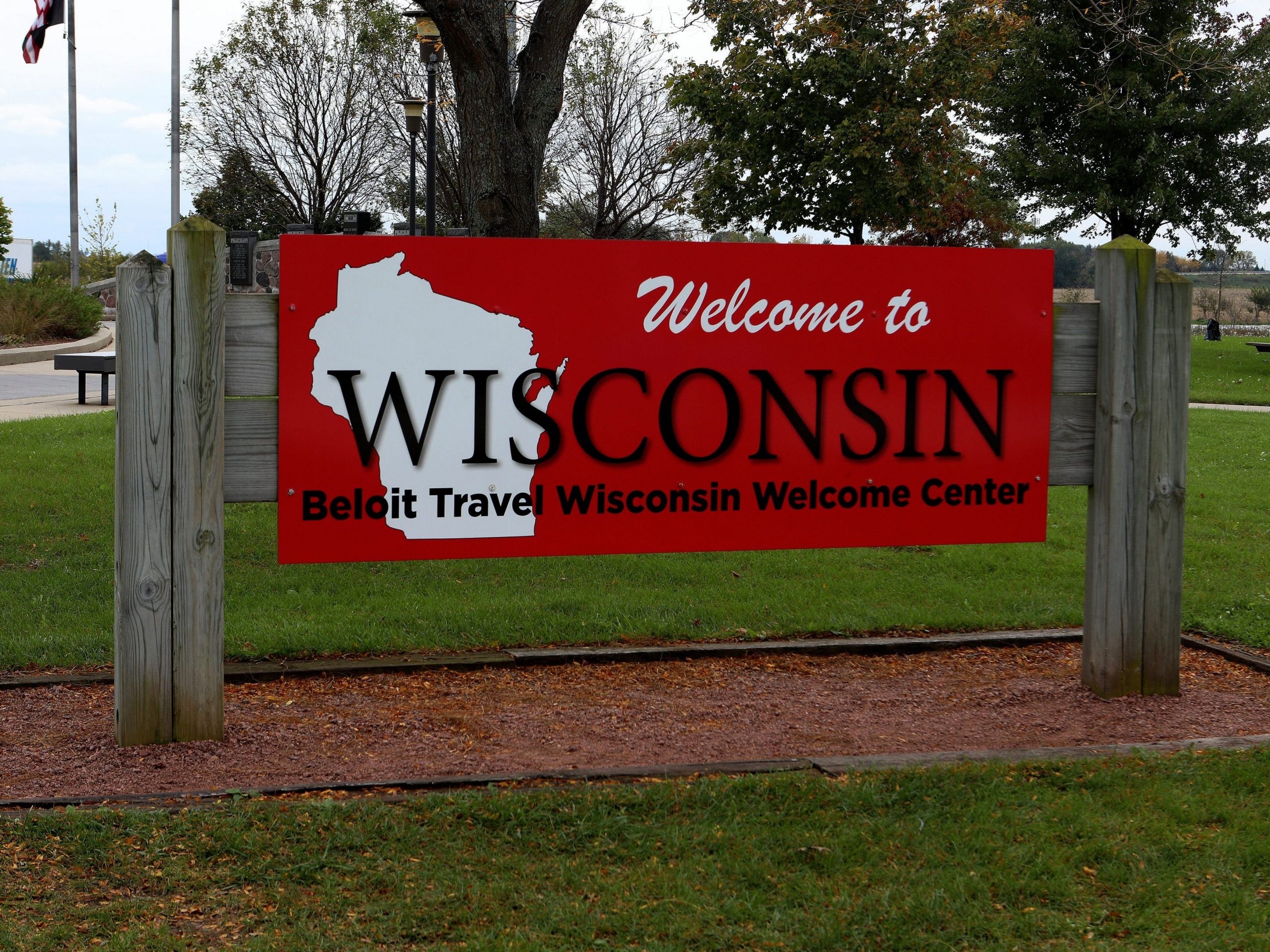 'Welcome To Wisconsin' signage at the Beloit Travel Wisconsin Welcome Center on October 12, 2018 in Beloit, Wisconsin