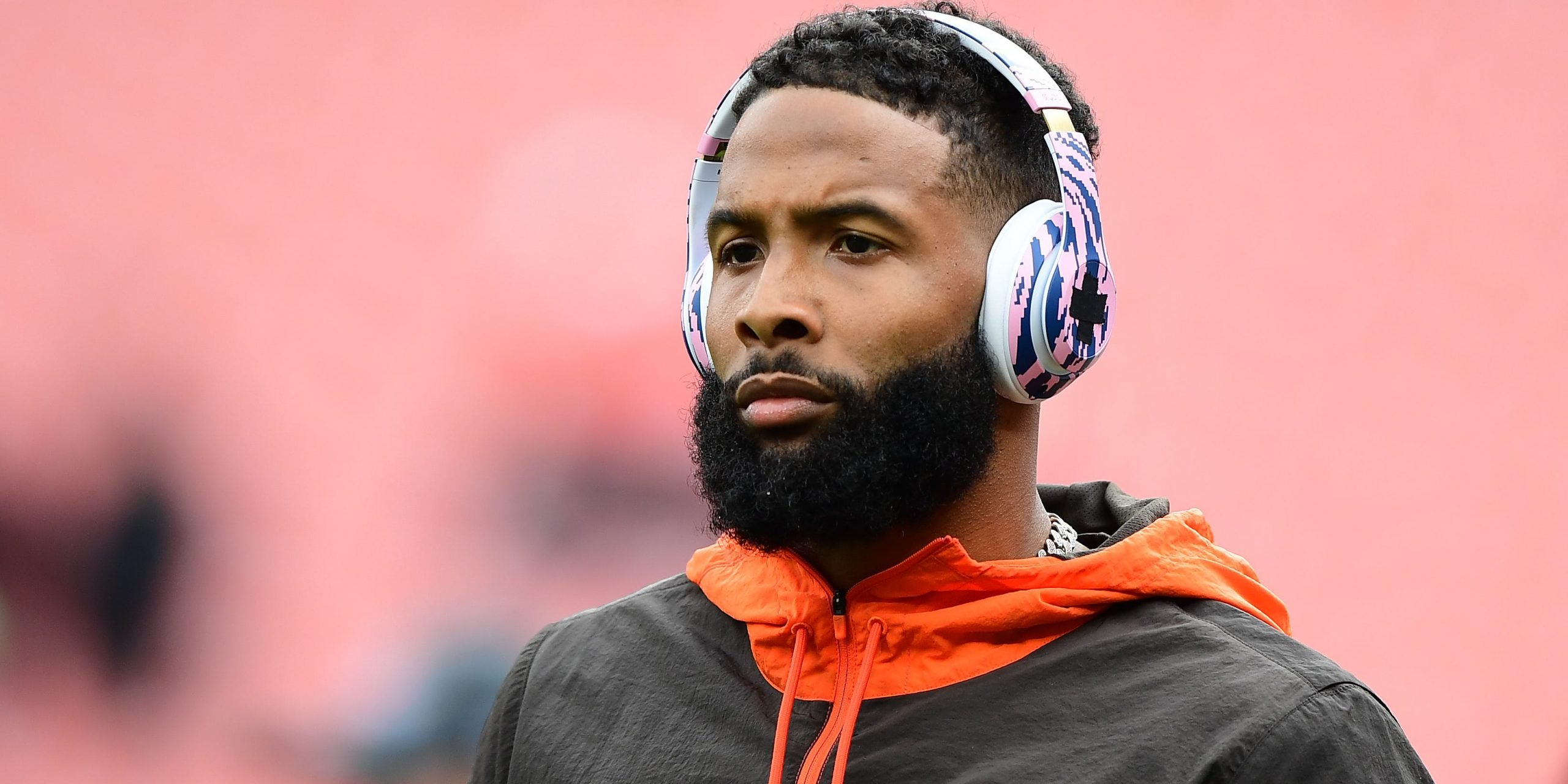 Odell Beckham Jr. #13 of the Cleveland Browns looks on during warm ups prior to the game against the Arizona Cardinals at FirstEnergy Stadium on October 17, 2021 in Cleveland, Ohio.