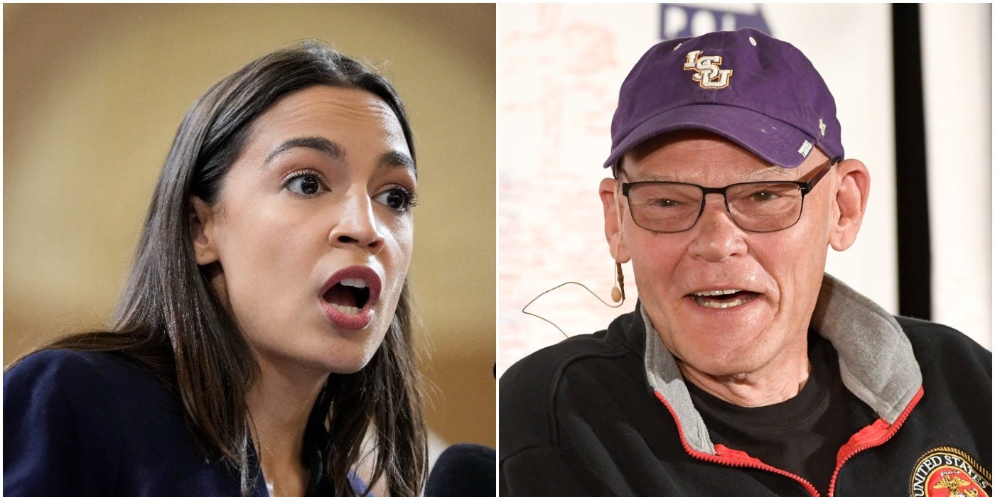 Democratic Rep. Alexandria Ocasio-Cortez of New York and long-time Democratic strategist James Carville.