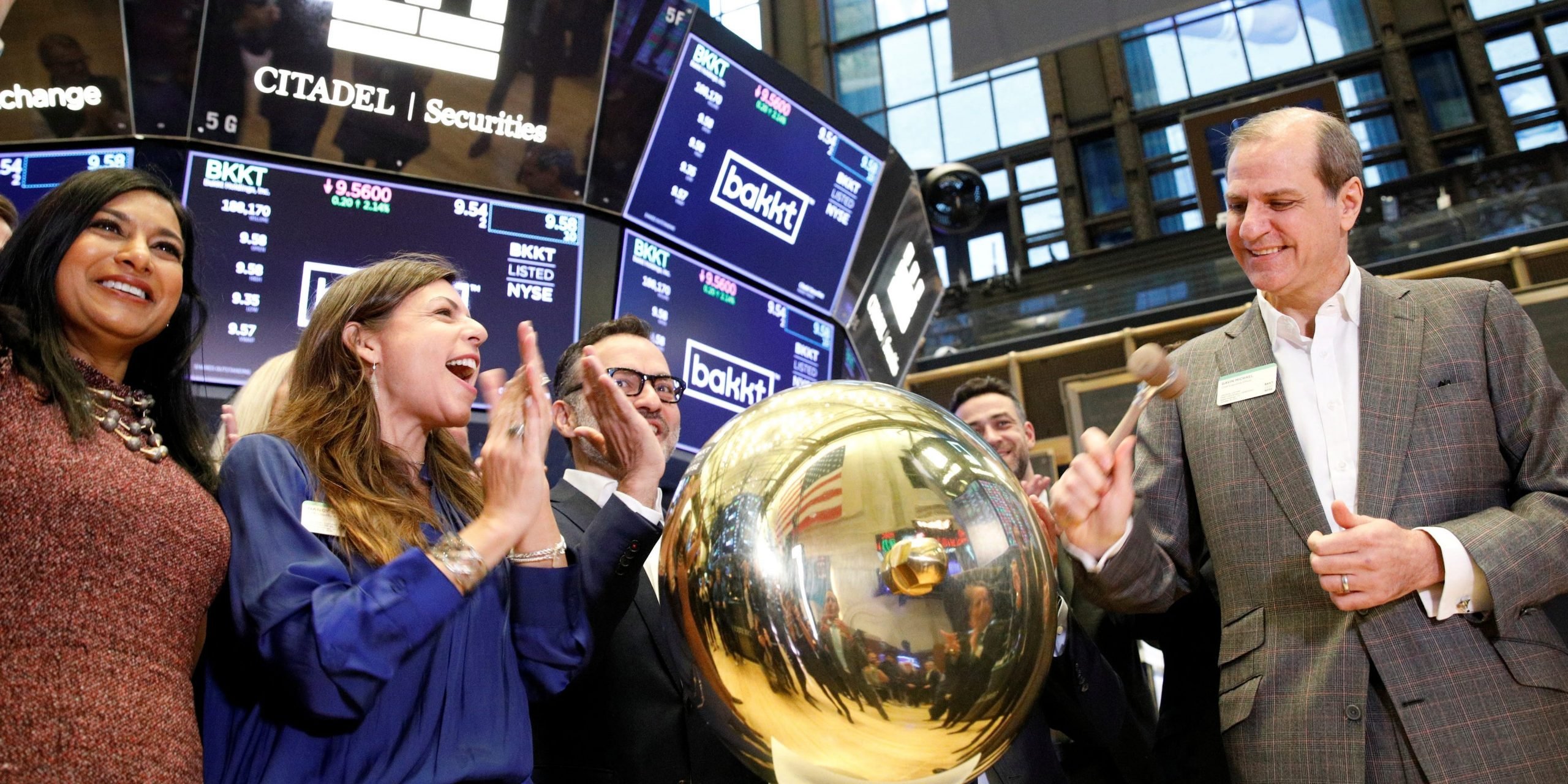 Gavin Michael, CEO of Bakkt rings a ceremonial bell on the floor of the New York Stock Exchange (NYSE) in New York City, U.S., October 18, 2021.