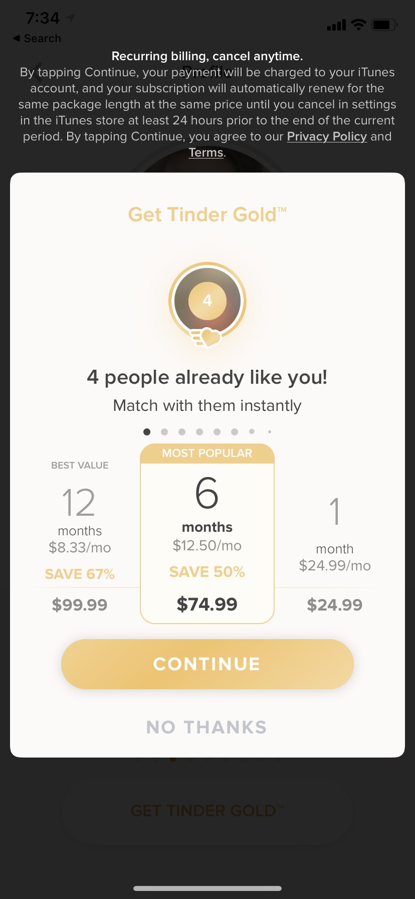 Tinder Gold's price plans.