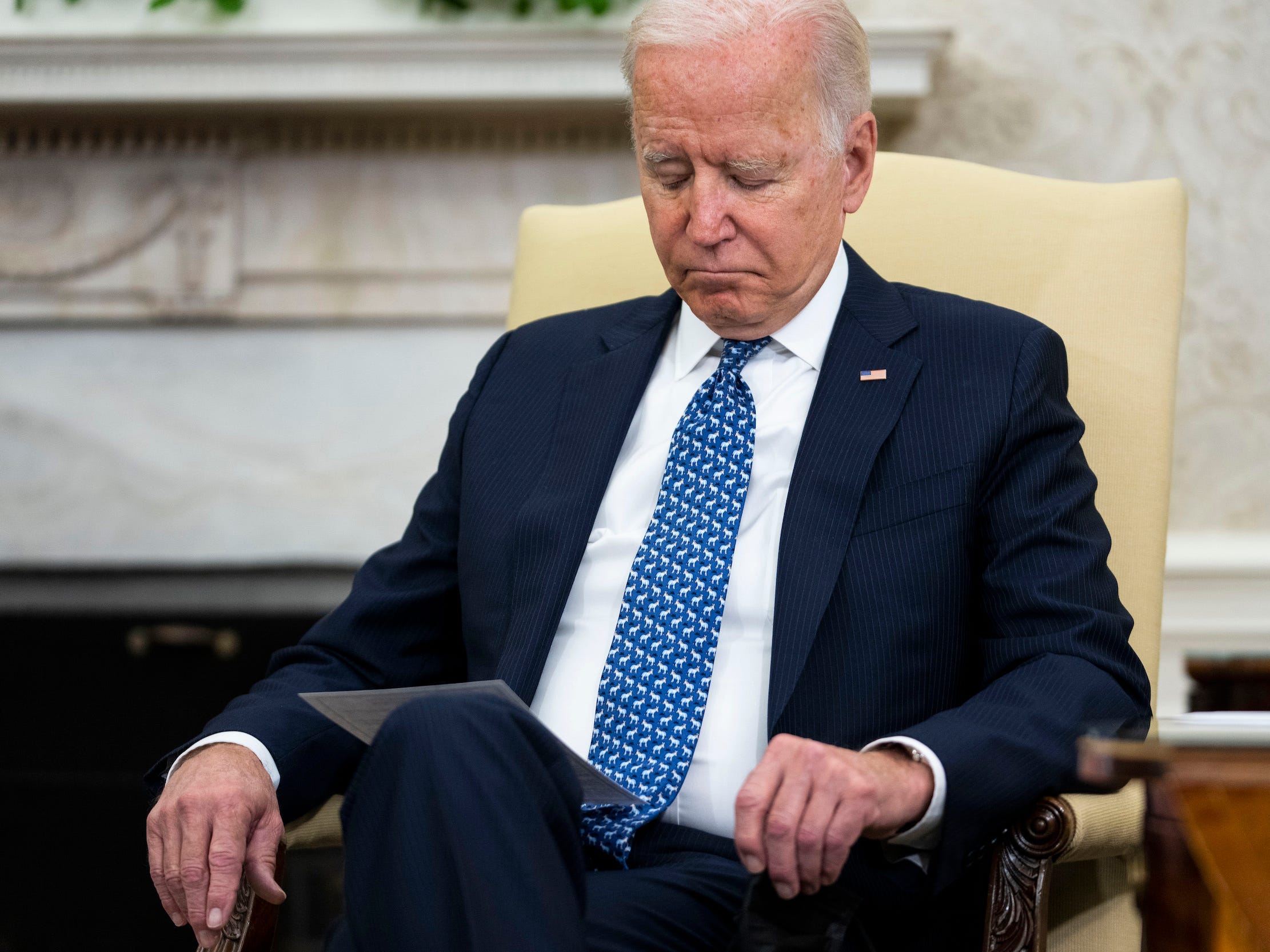 President Joe Biden listens to Ukrainian President Volodymyr Zelensky during a press availability in the Oval Office at the White House on September 01, 2021 in Washington, DC.