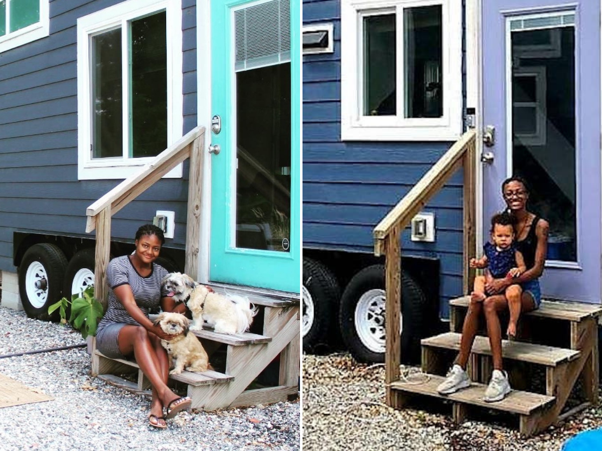 The sisters sit on their respective stairs leading into their tiny homes.