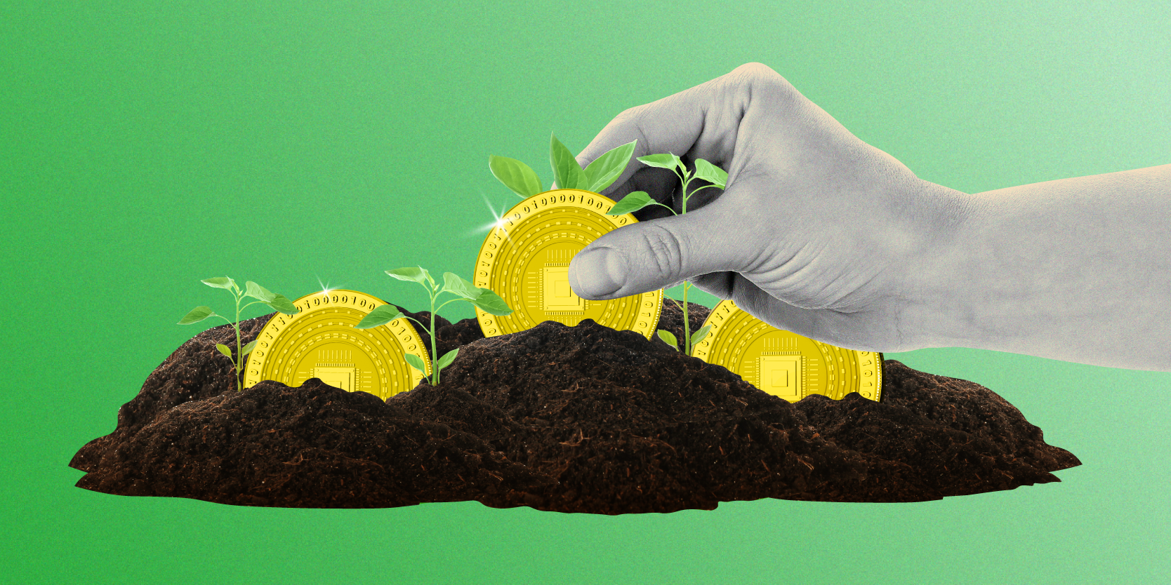 Yield Farming and growing Crypto, coins half buried in the ground with plants