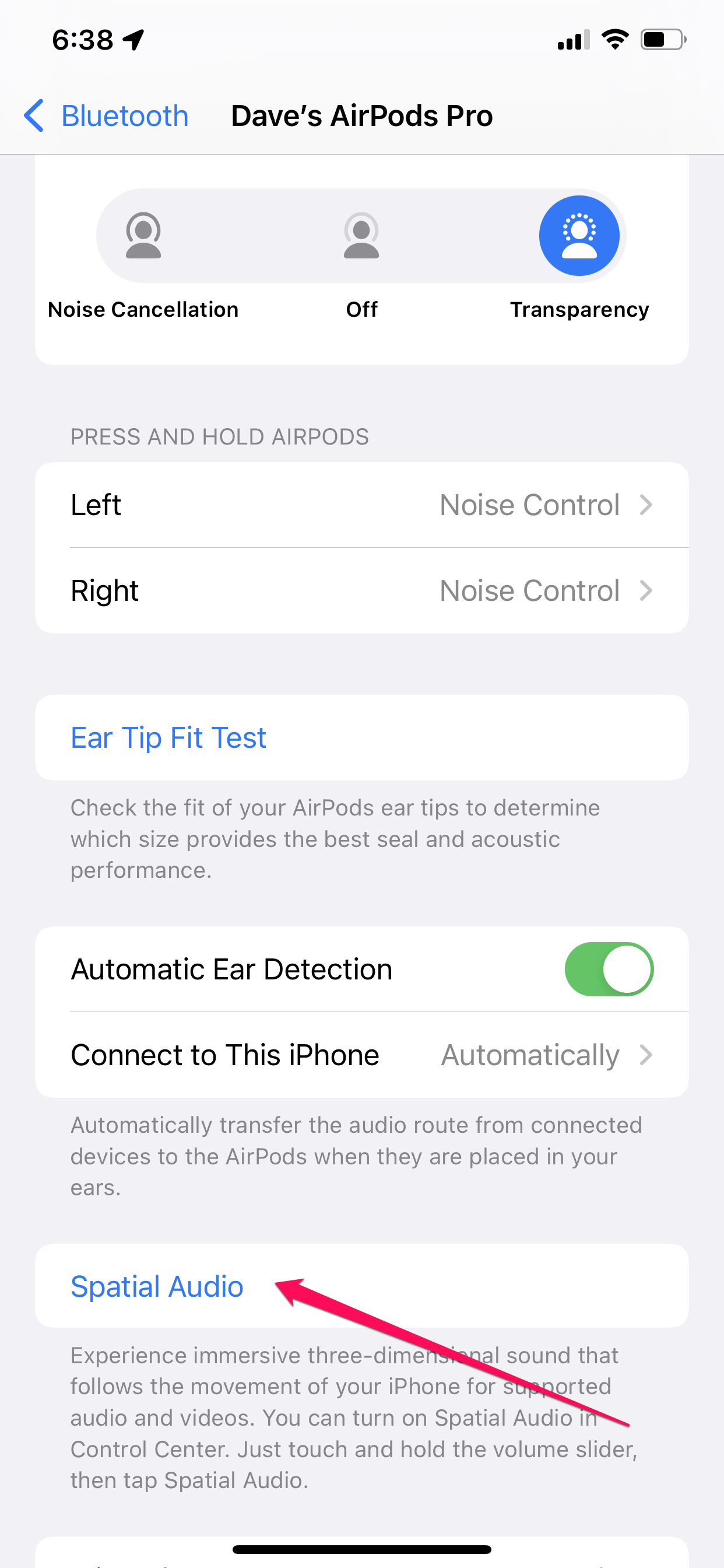 AirPods Pro settings in iOS.