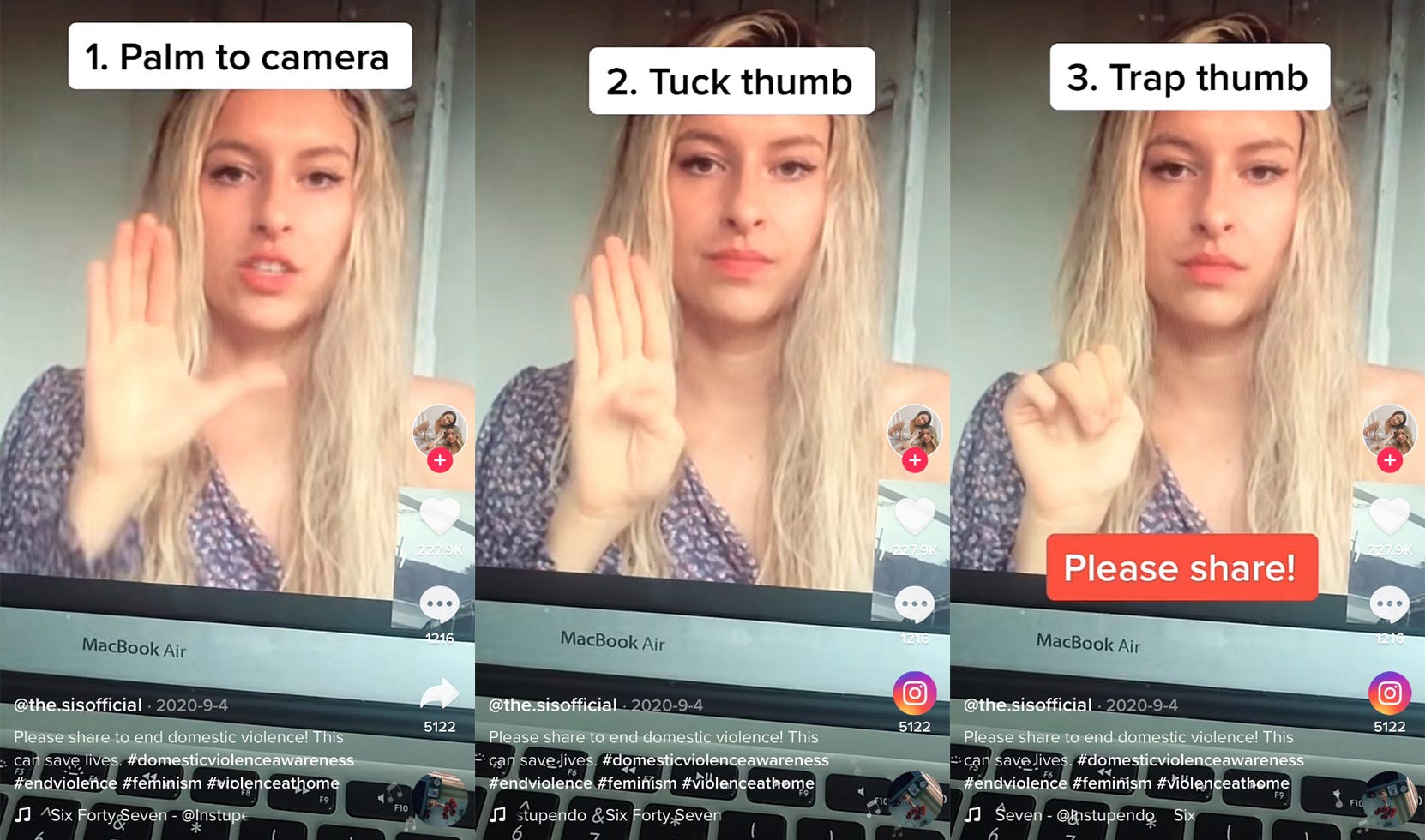 A woman uses hand gestures on TikTok to indicate domestic violence