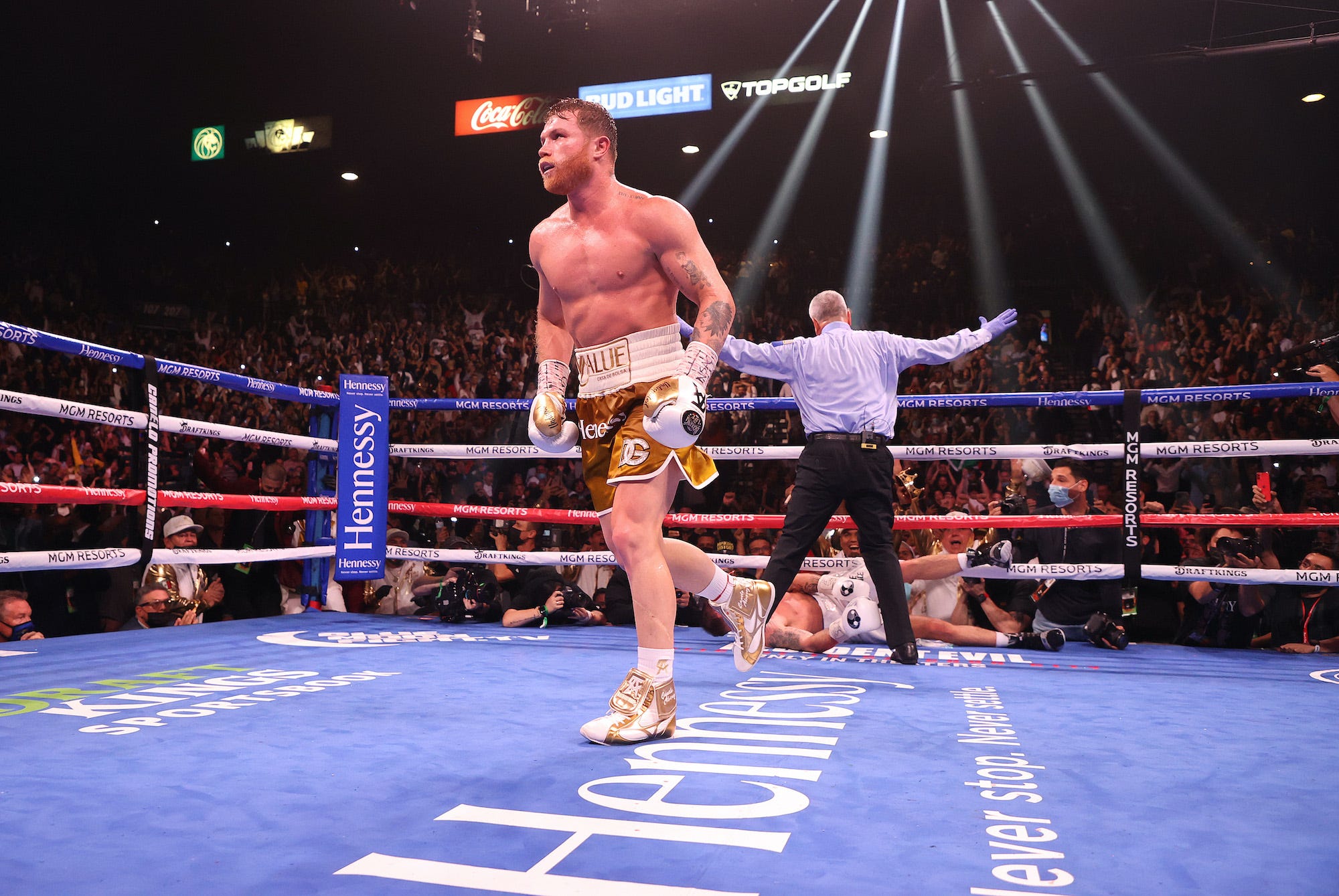 Saul 'Canelo' Alvarez celebrates his brilliant 11th round finish of Caleb Plant.