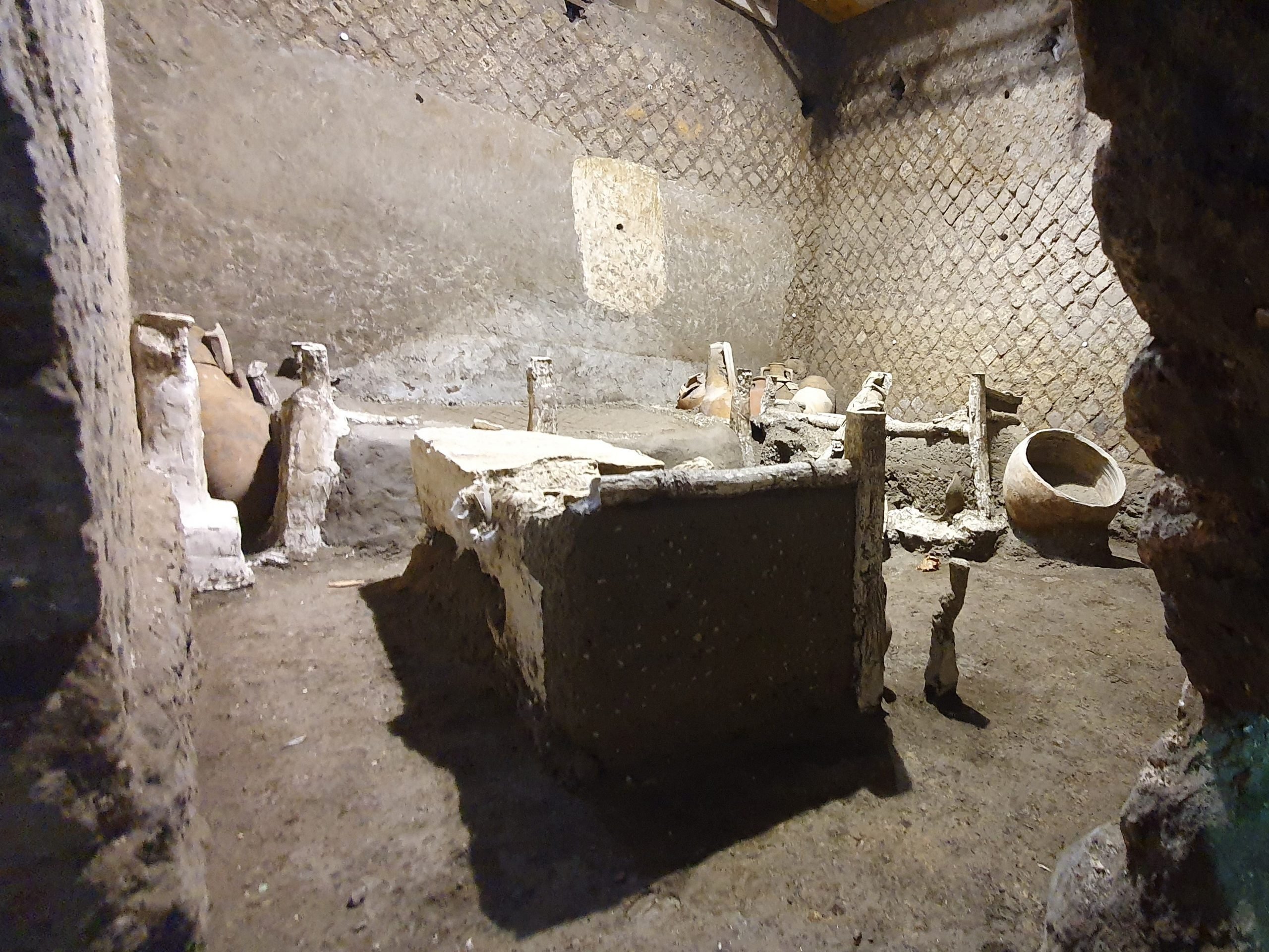 A "slaves room" at a Roman villa, containing beds, amphorae, ceramic pitchers and a chamber pot is discovered in a dig near the ancient Roman city of Pompeii, destroyed in 79 AD.