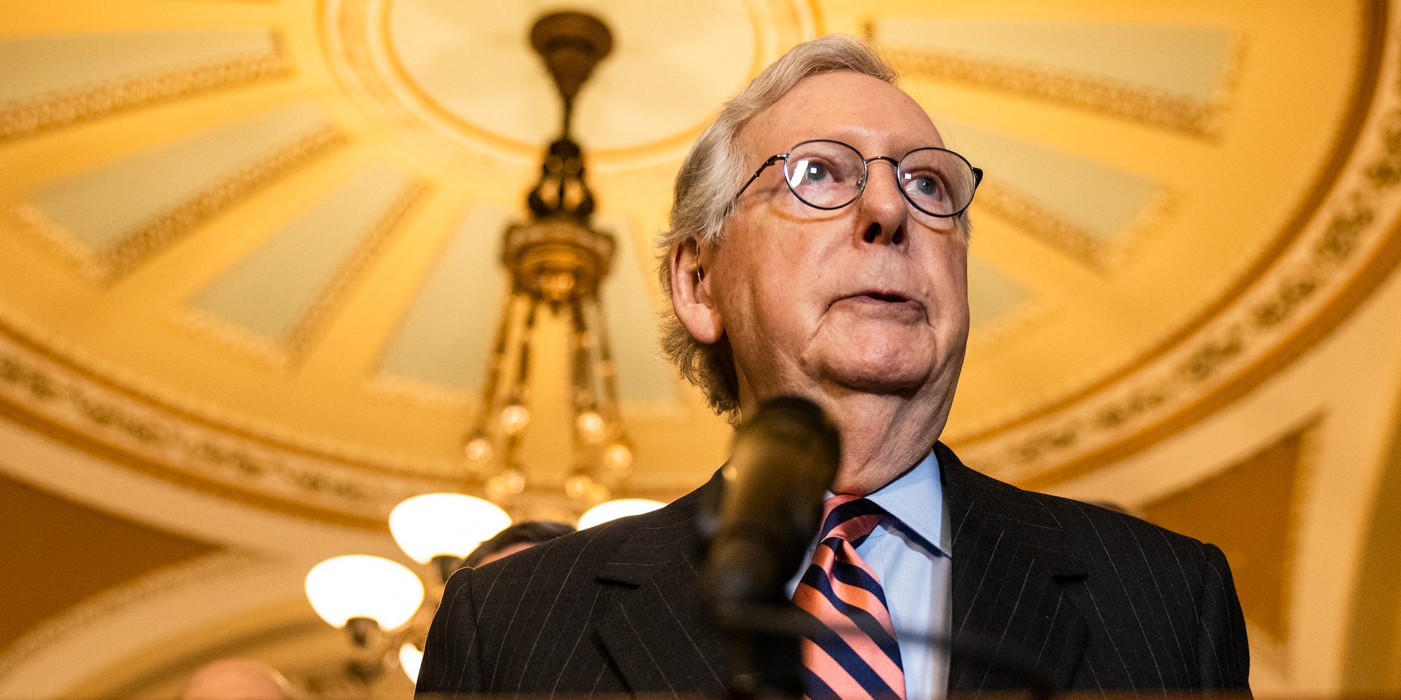 Republican Senate Minority Leader Mitch McConnell speaks during a press conference at the US Capitol on October 26, 2021.