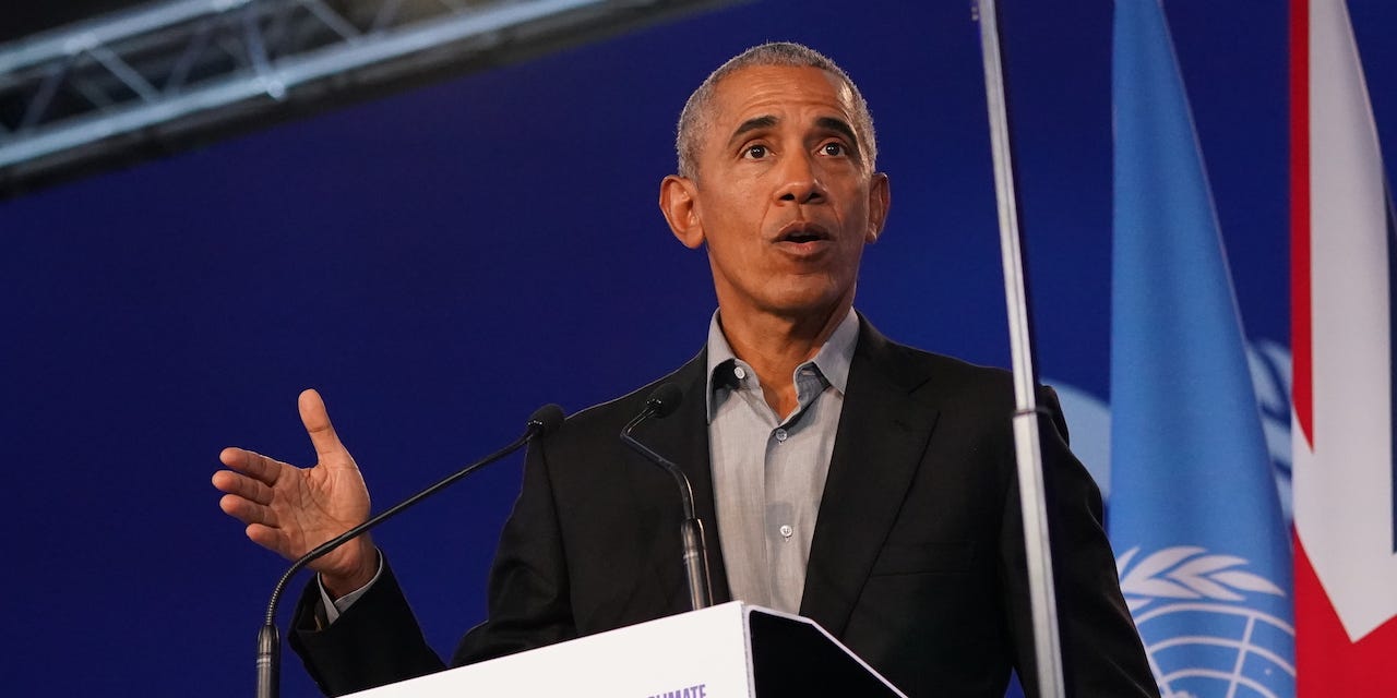 Former US president Barack Obama speaks during day 9 of COP26 on November 8, 2021 in Glasgow, Scotland