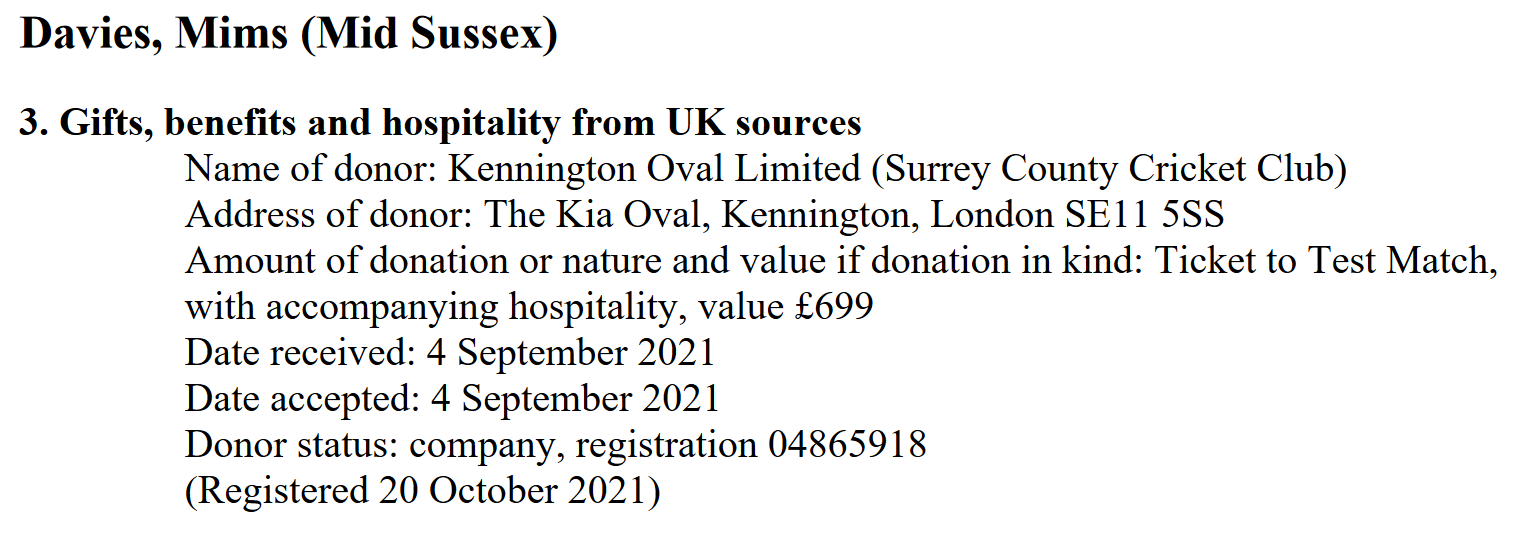 Mims Davies' entry in Register of Members' Financial Interests