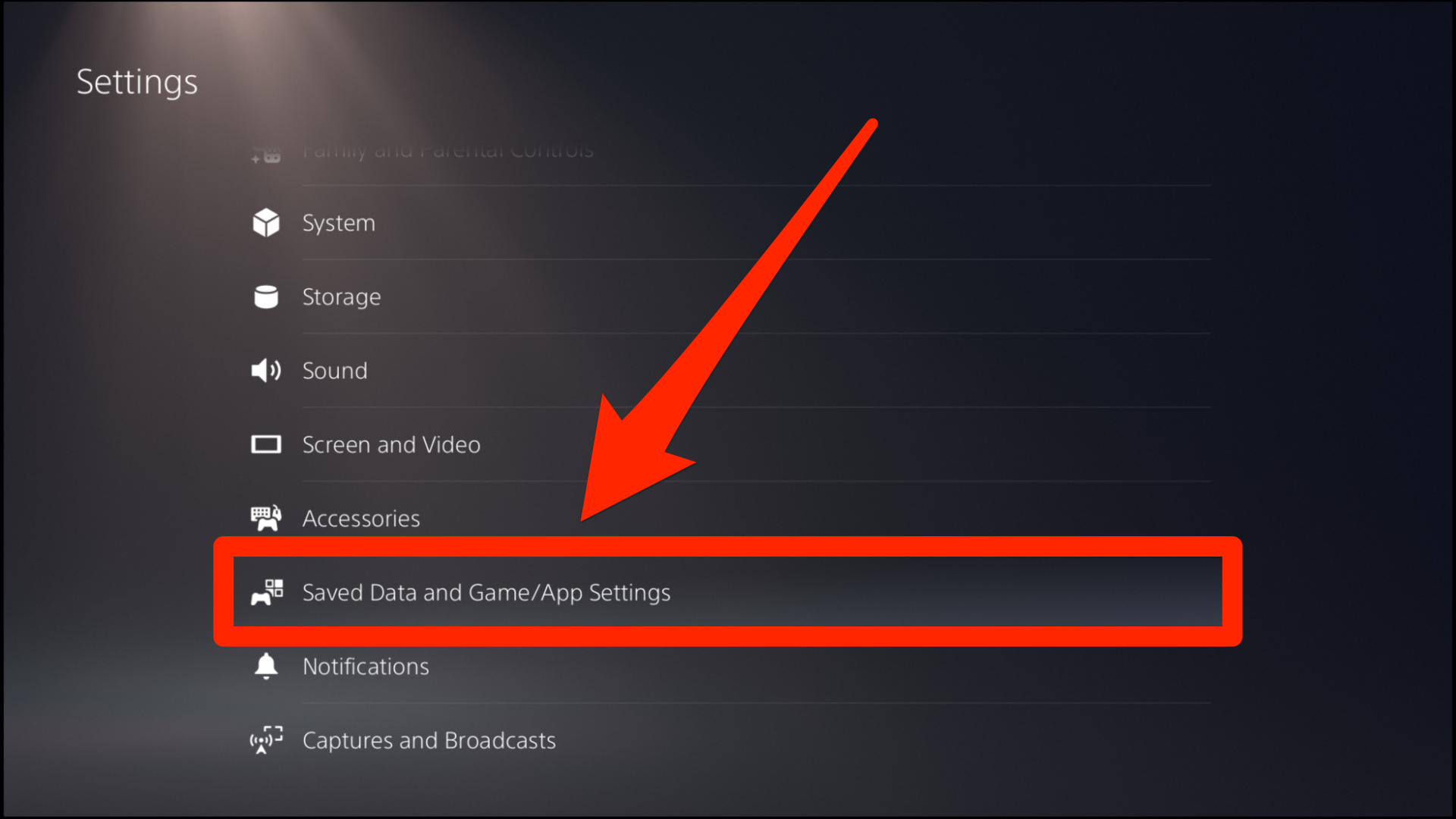 The PS5's Settings menu, with the "Saved Data and Game/Apps Settings" option highlighted.