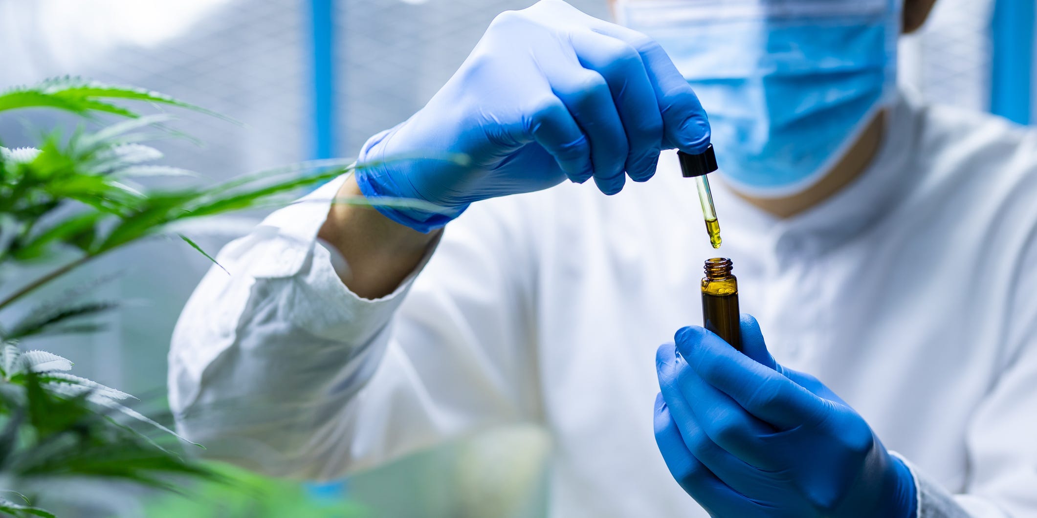 Man wearing blue gloves and a blue mask hold a container of oil in his hands.