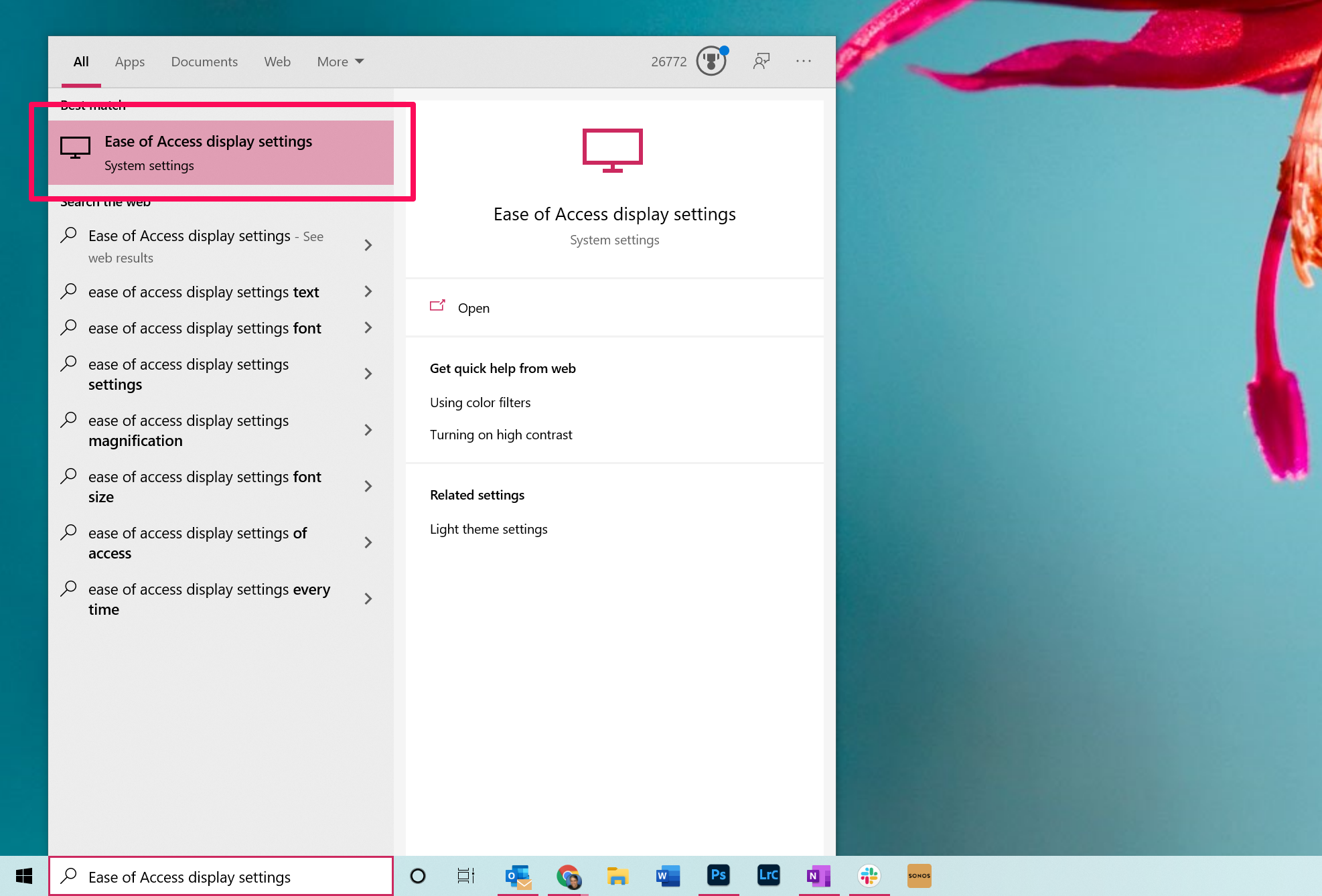 Searching for Ease of Access display settings in Windows 10.