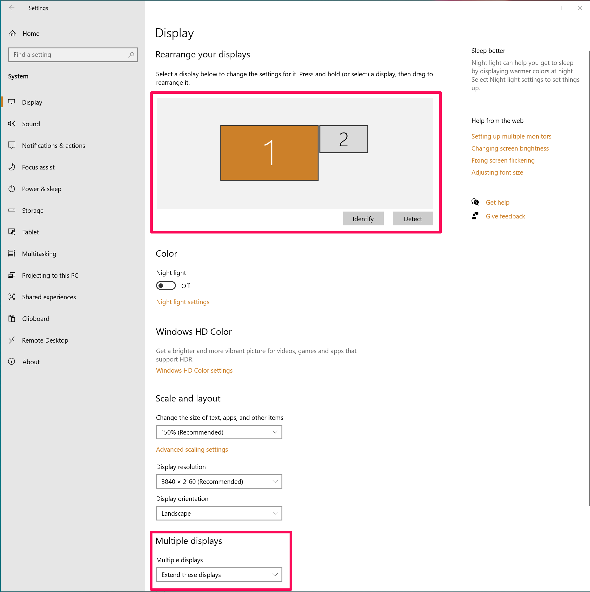 Display settings in Windows 10.