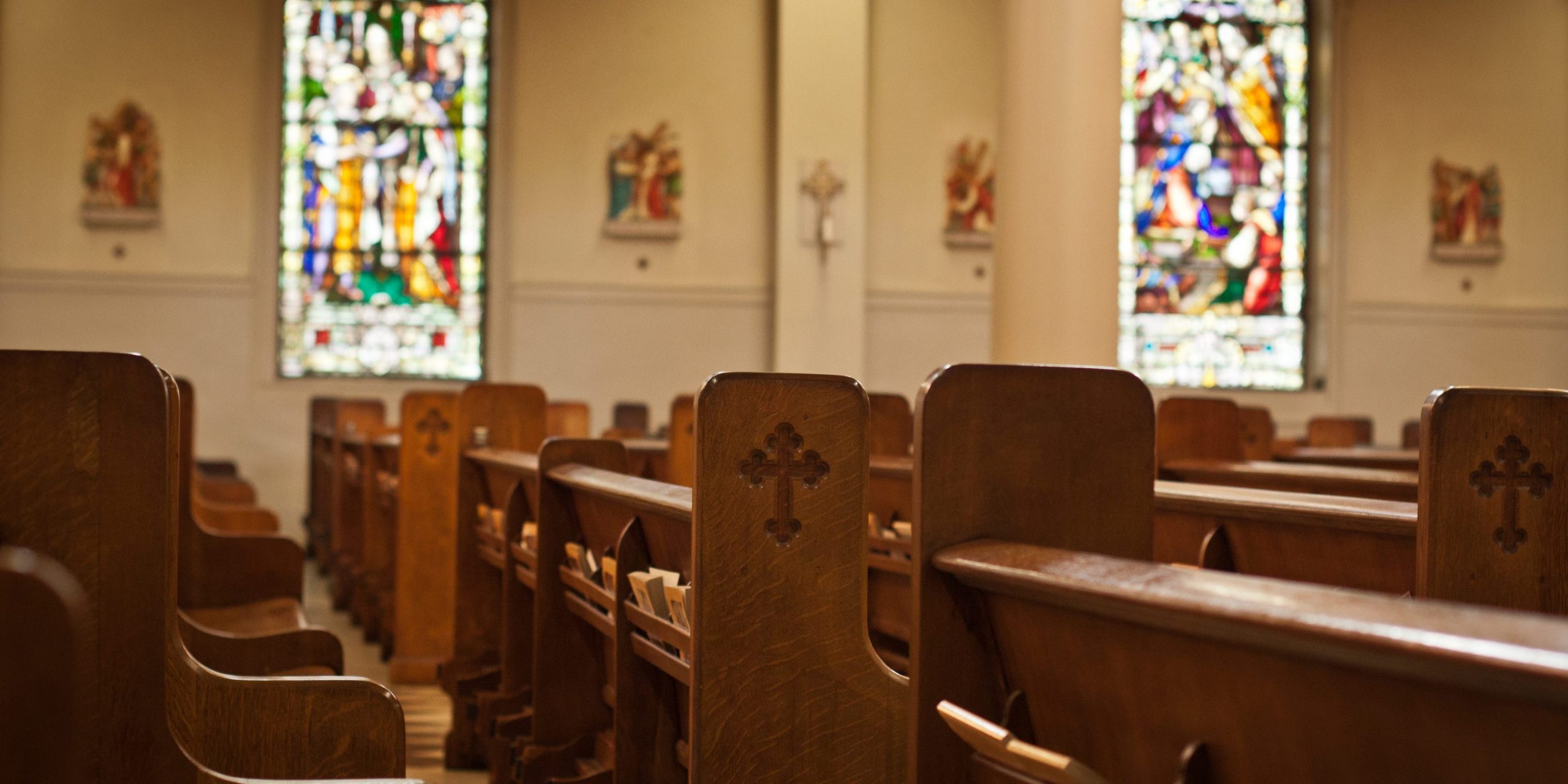 Empty pews in a church.