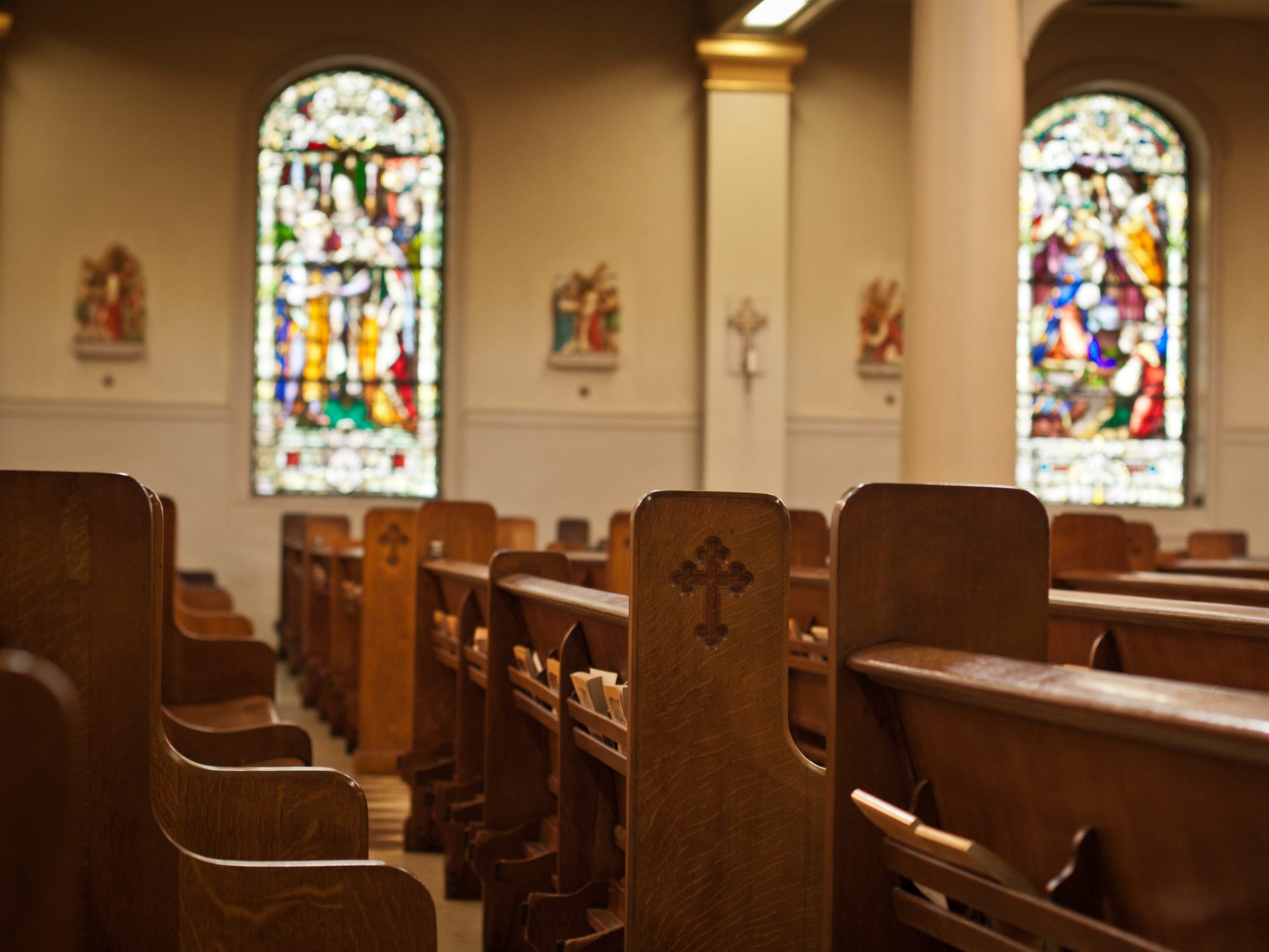 Empty pews in a church.